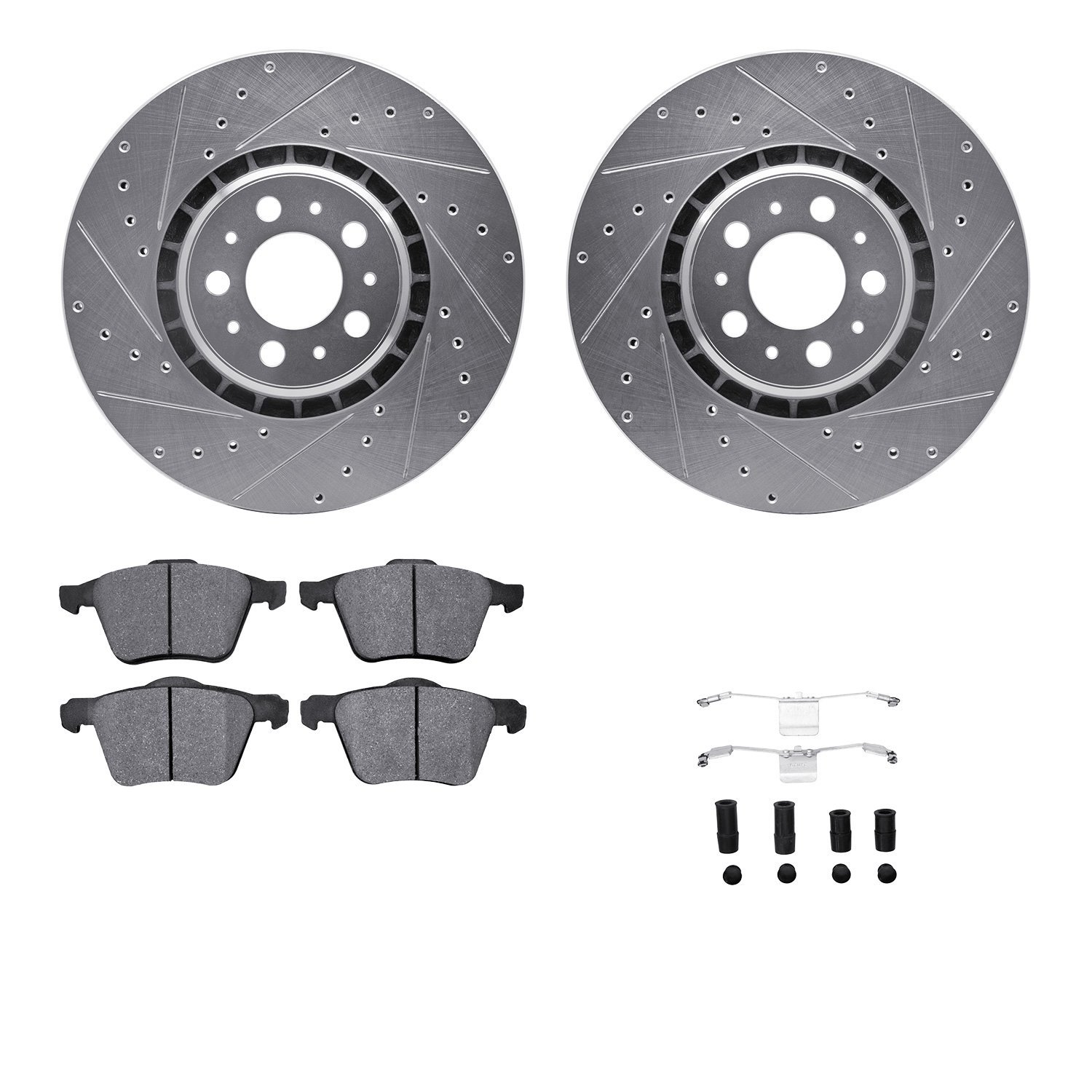 7612-27045 Drilled/Slotted Brake Rotors w/5000 Euro Ceramic Brake Pads Kit & Hardware [Silver], 2003-2009 Volvo, Position: Front