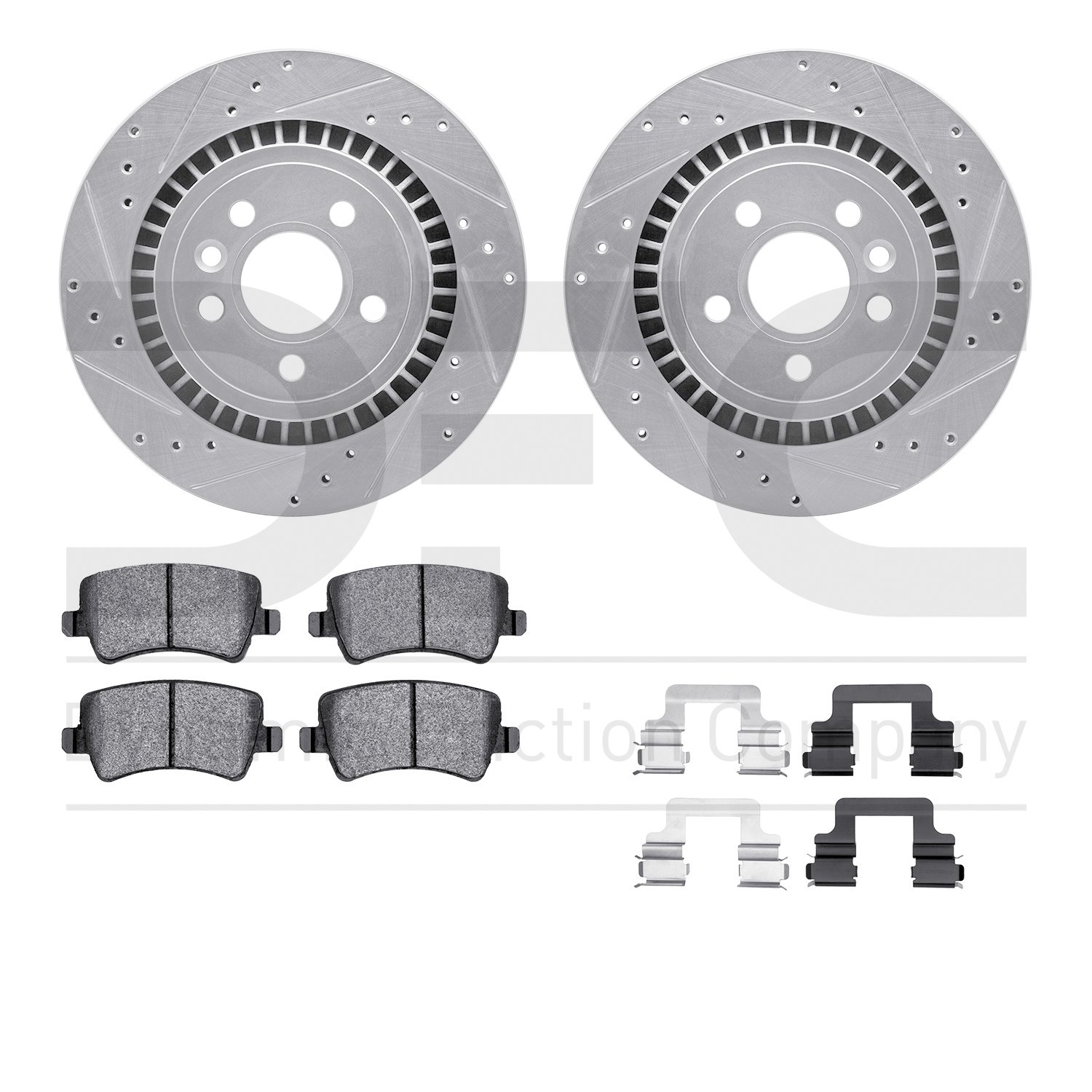 7612-27056 Drilled/Slotted Brake Rotors w/5000 Euro Ceramic Brake Pads Kit & Hardware [Silver], 2016-2018 Volvo, Position: Rear