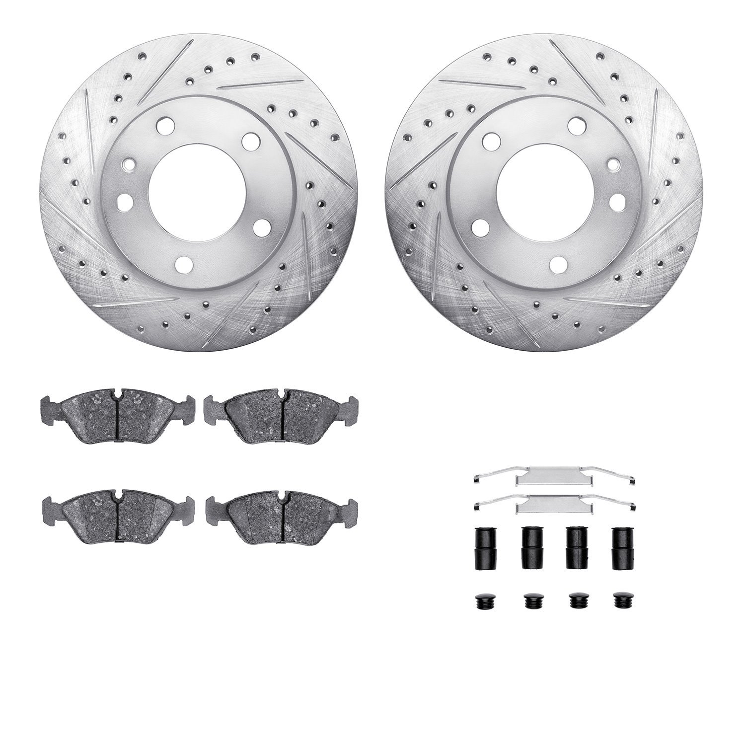 7612-31011 Drilled/Slotted Brake Rotors w/5000 Euro Ceramic Brake Pads Kit & Hardware [Silver], 1982-1988 BMW, Position: Front