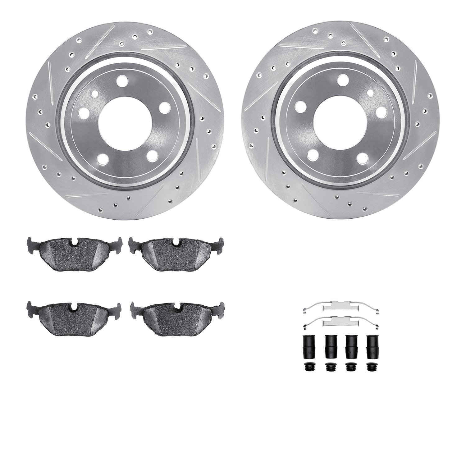 7612-31023 Drilled/Slotted Brake Rotors w/5000 Euro Ceramic Brake Pads Kit & Hardware [Silver], 1988-1994 BMW, Position: Rear