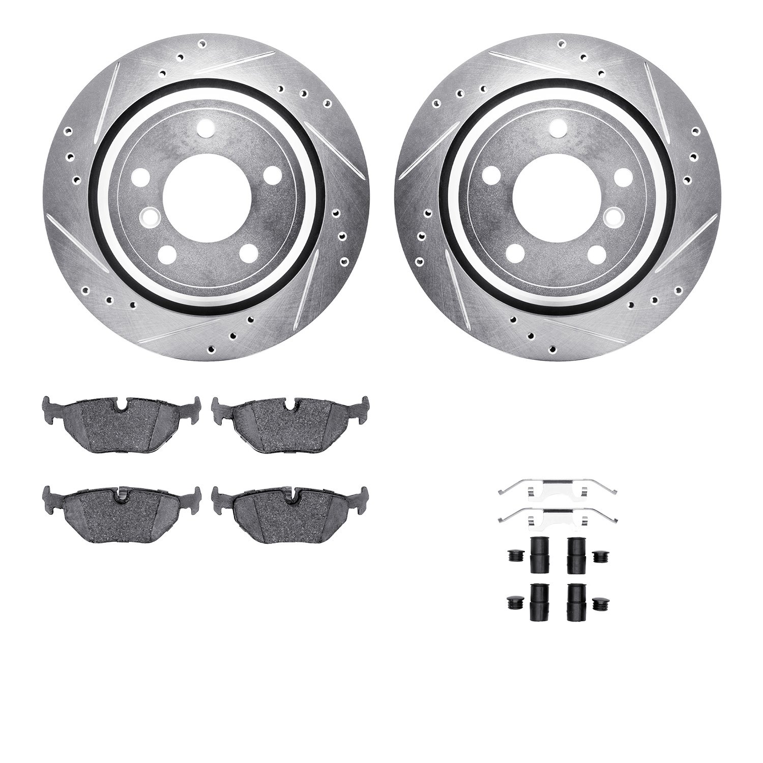 7612-31041 Drilled/Slotted Brake Rotors w/5000 Euro Ceramic Brake Pads Kit & Hardware [Silver], 1996-2003 BMW, Position: Rear