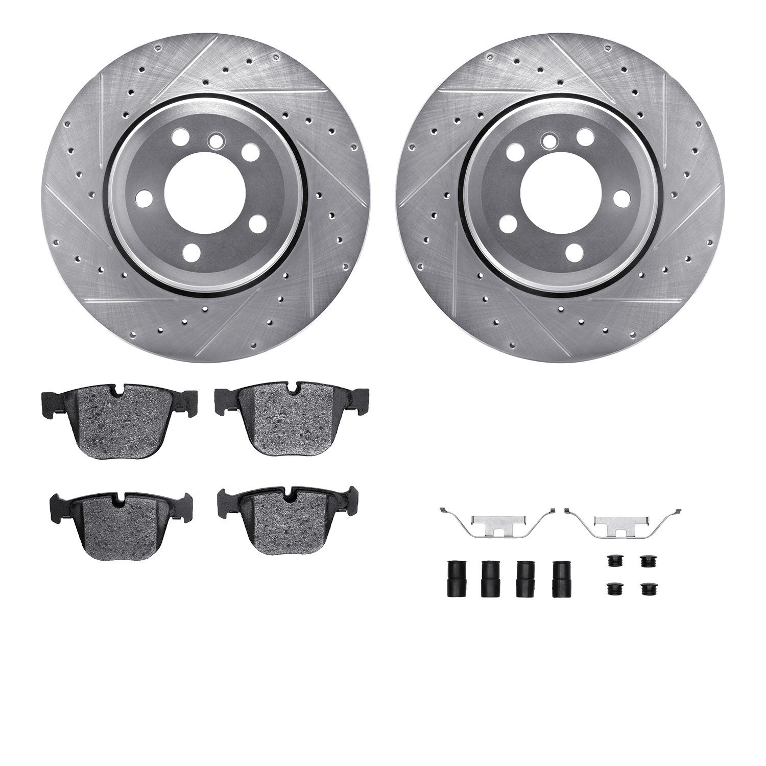 7612-31054 Drilled/Slotted Brake Rotors w/5000 Euro Ceramic Brake Pads Kit & Hardware [Silver], 2002-2005 BMW, Position: Rear