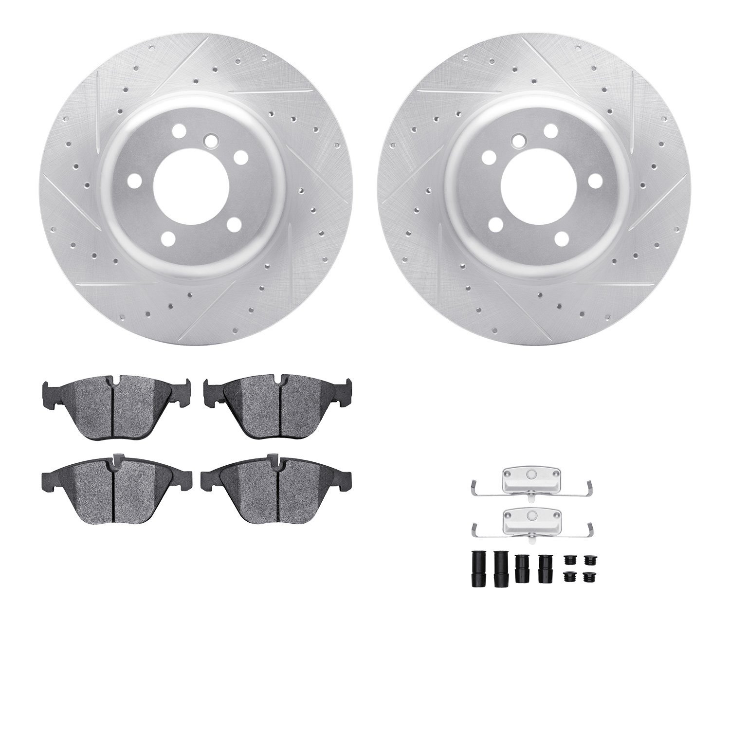 7612-31059 Drilled/Slotted Brake Rotors w/5000 Euro Ceramic Brake Pads Kit & Hardware [Silver], 2004-2010 BMW, Position: Front