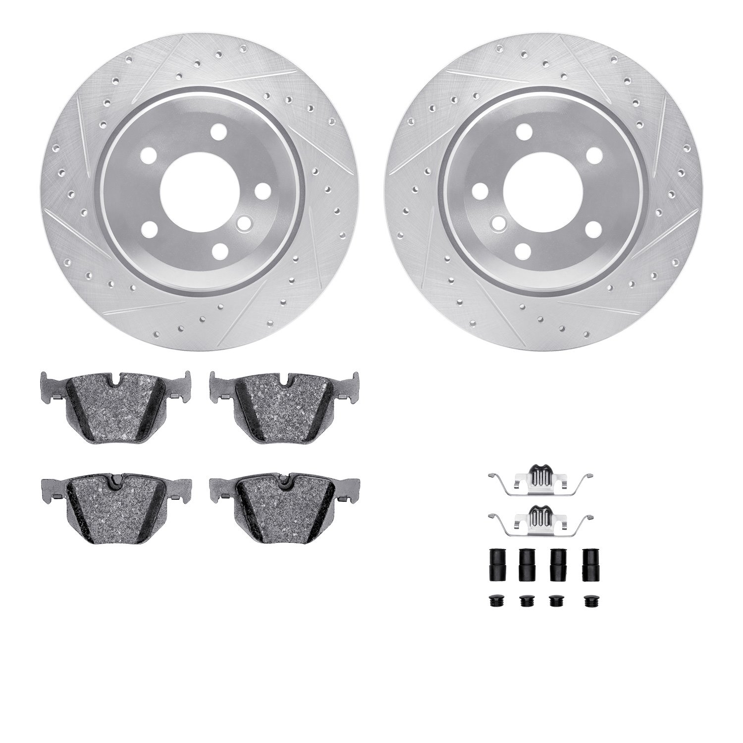7612-31062 Drilled/Slotted Brake Rotors w/5000 Euro Ceramic Brake Pads Kit & Hardware [Silver], 2004-2010 BMW, Position: Rear
