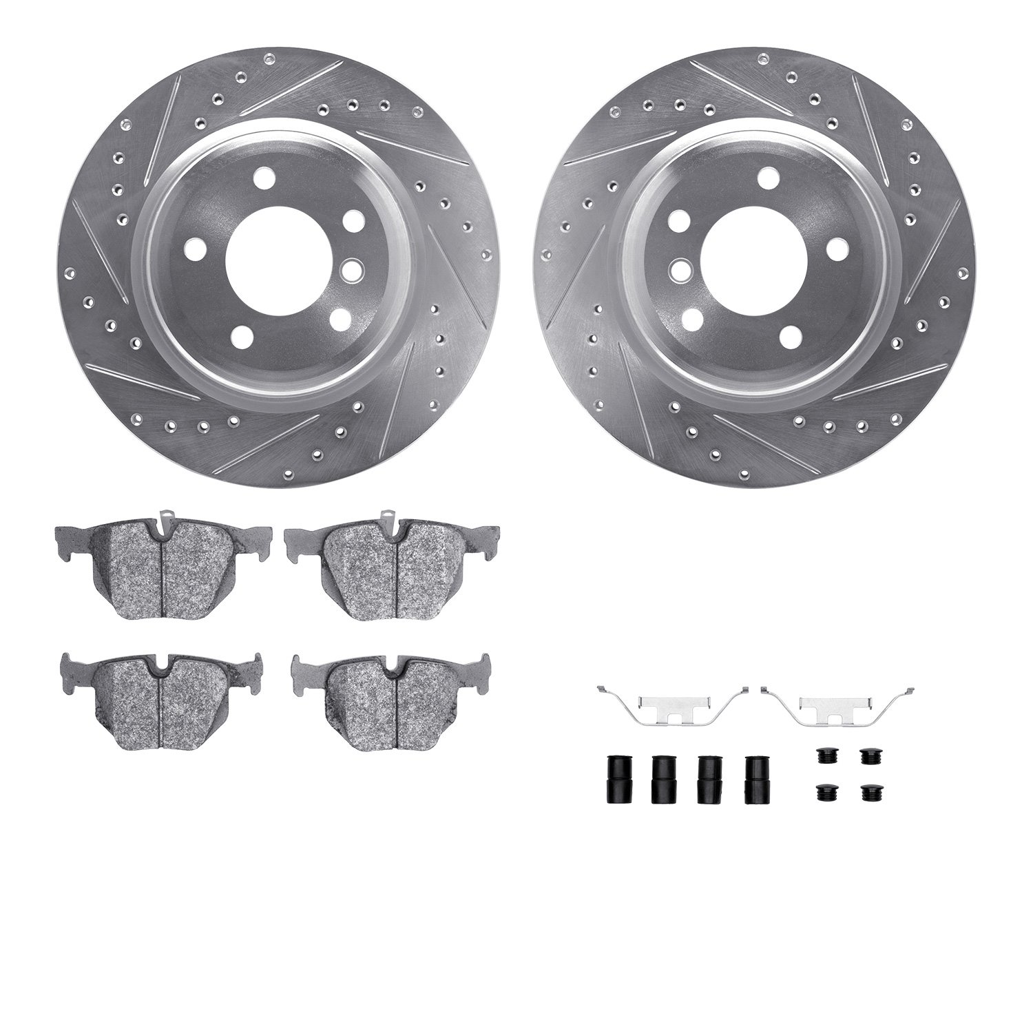 7612-31067 Drilled/Slotted Brake Rotors w/5000 Euro Ceramic Brake Pads Kit & Hardware [Silver], 2006-2015 BMW, Position: Rear