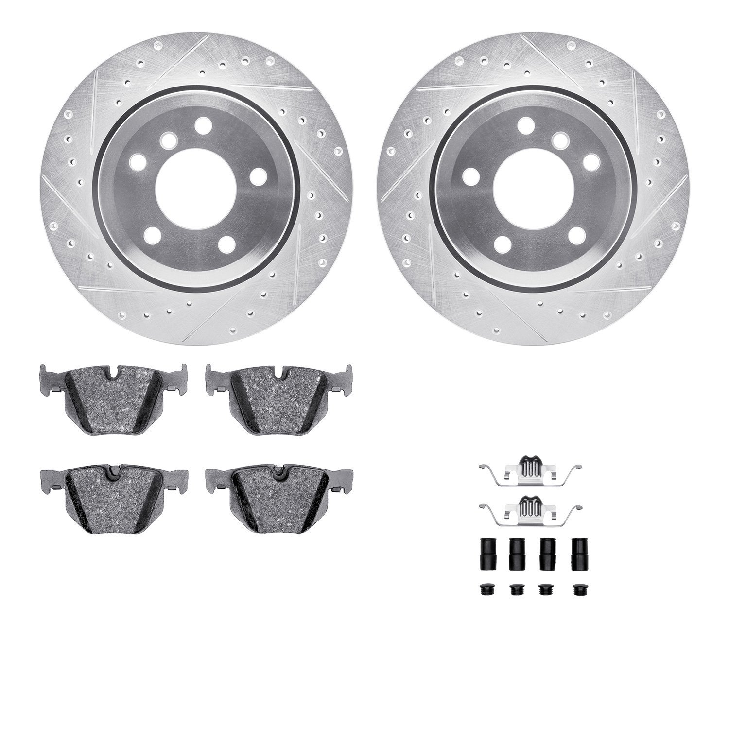 7612-31068 Drilled/Slotted Brake Rotors w/5000 Euro Ceramic Brake Pads Kit & Hardware [Silver], 2006-2010 BMW, Position: Rear
