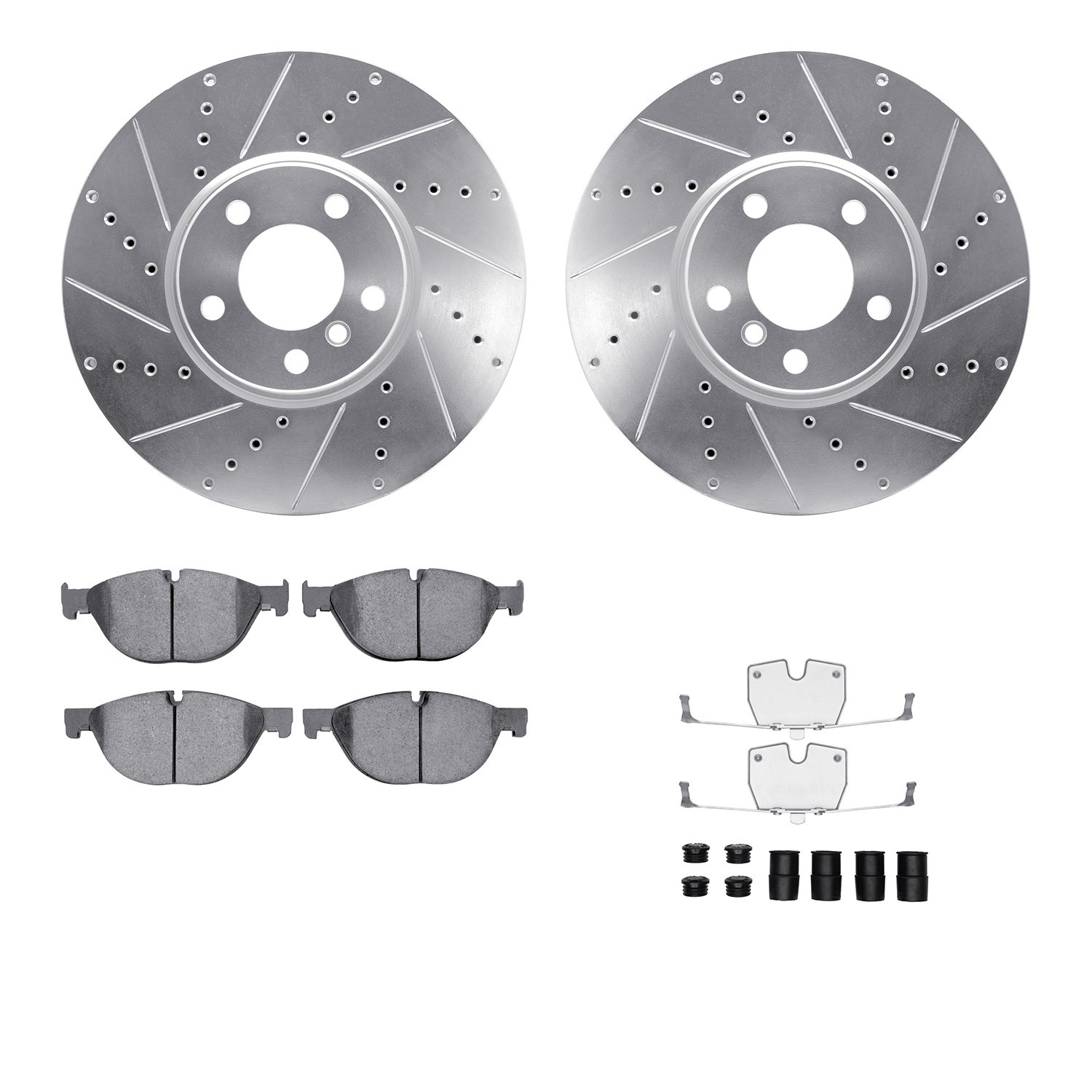 7612-31084 Drilled/Slotted Brake Rotors w/5000 Euro Ceramic Brake Pads Kit & Hardware [Silver], 2010-2018 BMW, Position: Front