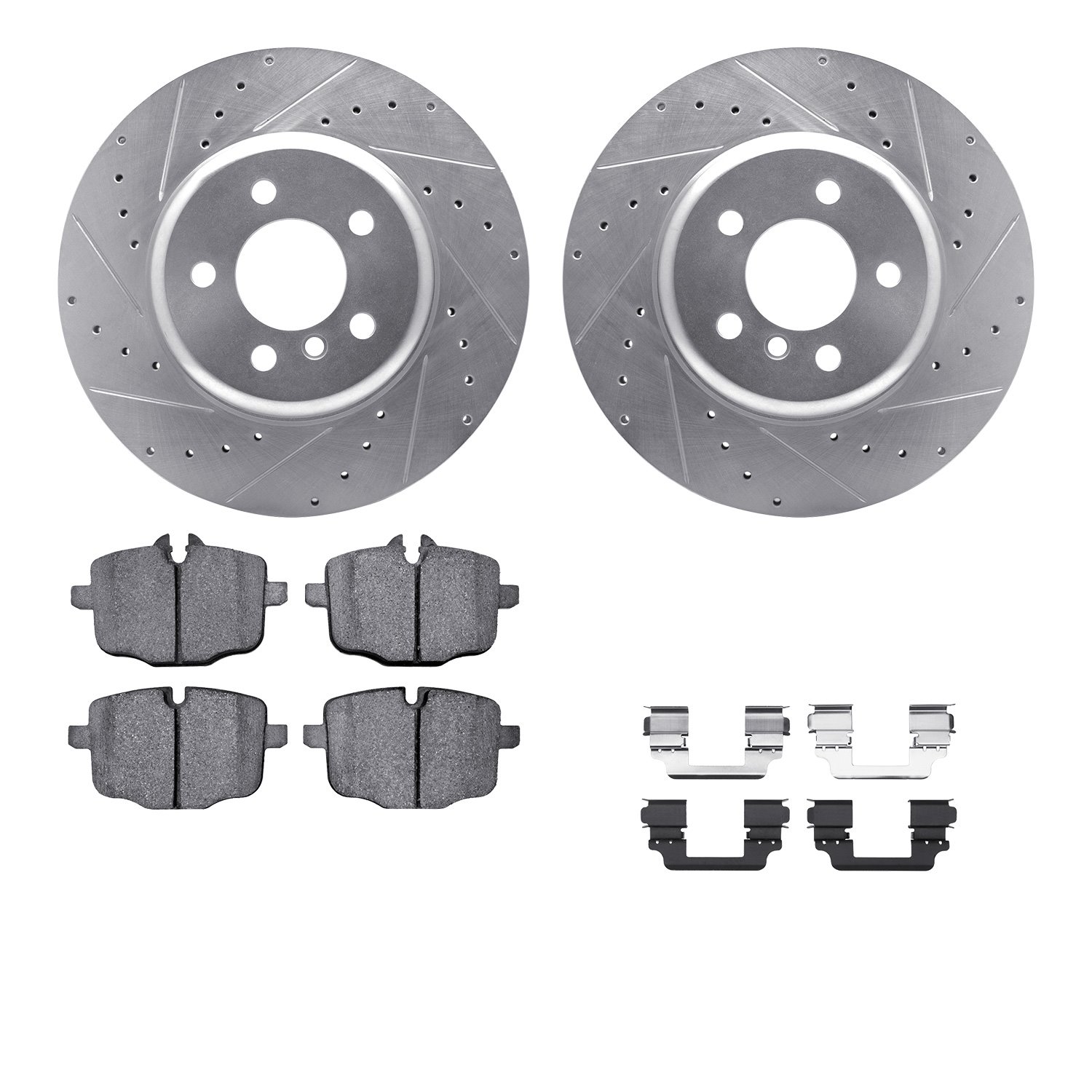 7612-31090 Drilled/Slotted Brake Rotors w/5000 Euro Ceramic Brake Pads Kit & Hardware [Silver], 2011-2019 BMW, Position: Rear