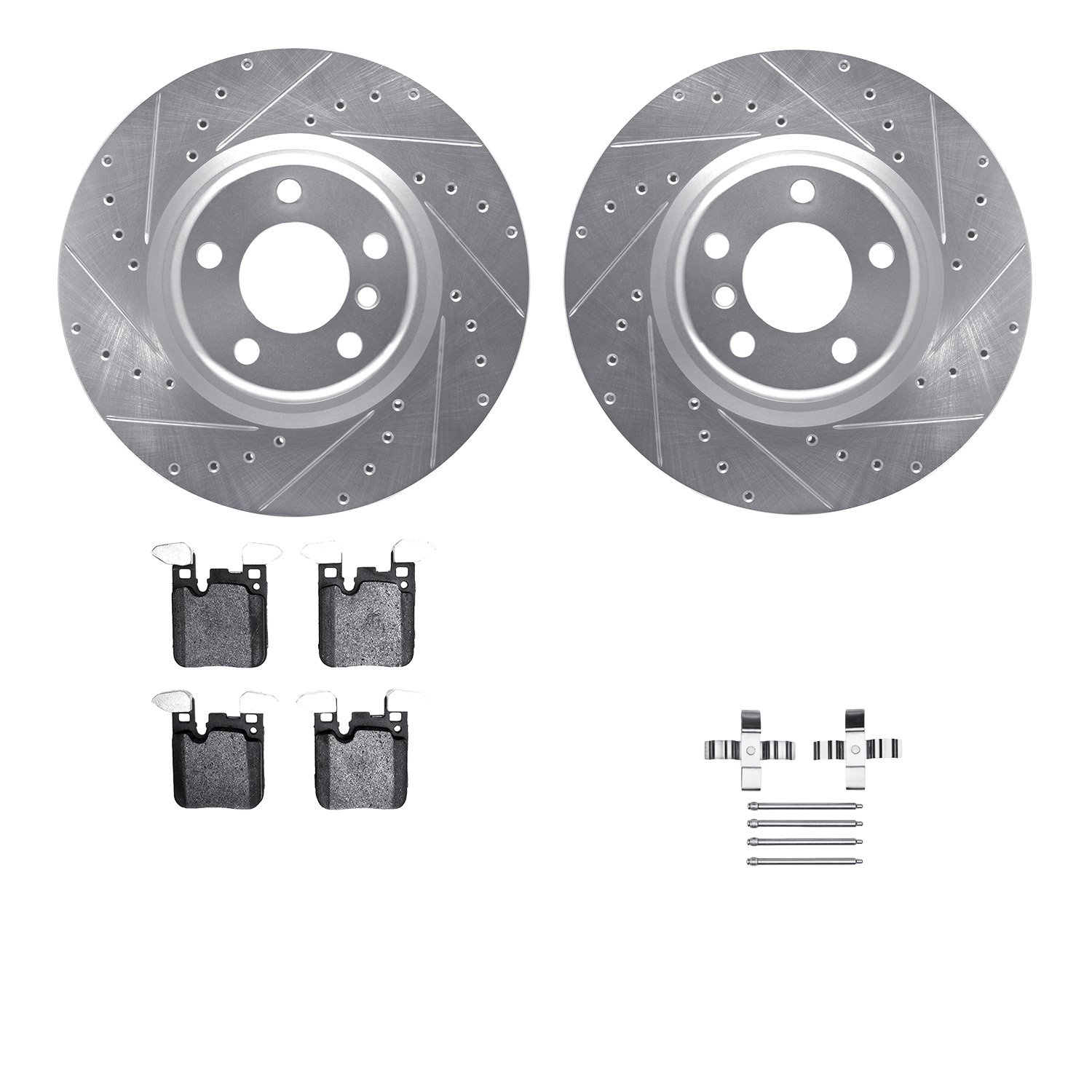 7612-31097 Drilled/Slotted Brake Rotors w/5000 Euro Ceramic Brake Pads Kit & Hardware [Silver], 2012-2020 BMW, Position: Rear
