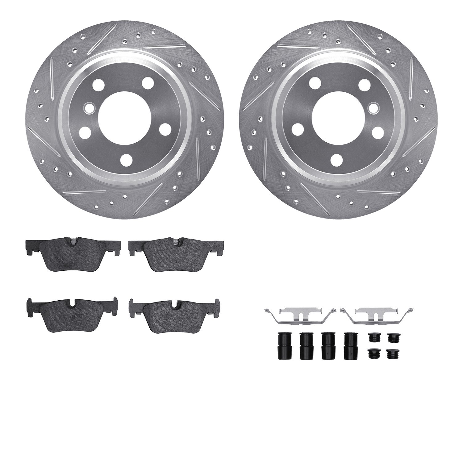 7612-31099 Drilled/Slotted Brake Rotors w/5000 Euro Ceramic Brake Pads Kit & Hardware [Silver], 2013-2020 BMW, Position: Rear