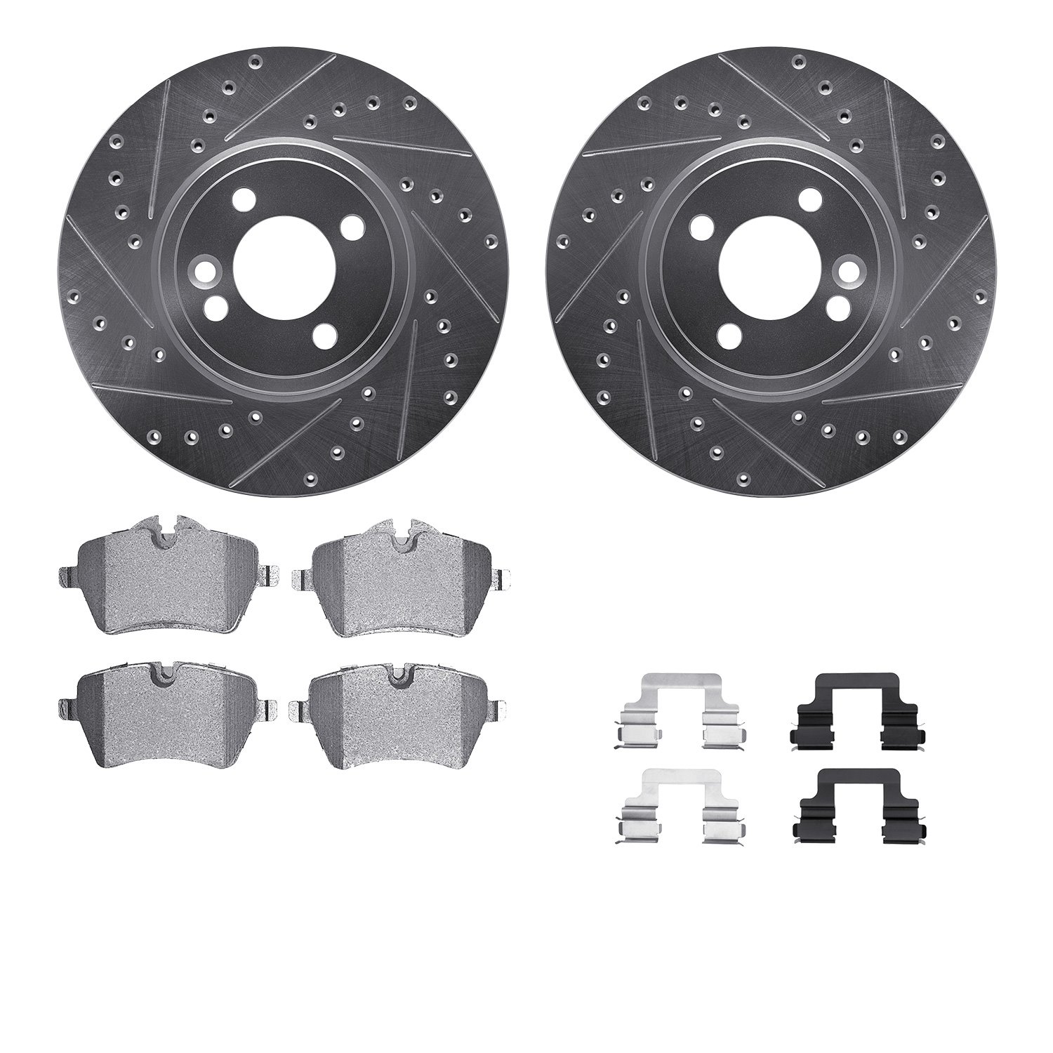 7612-32000 Drilled/Slotted Brake Rotors w/5000 Euro Ceramic Brake Pads Kit & Hardware [Silver], 2002-2006 Mini, Position: Front