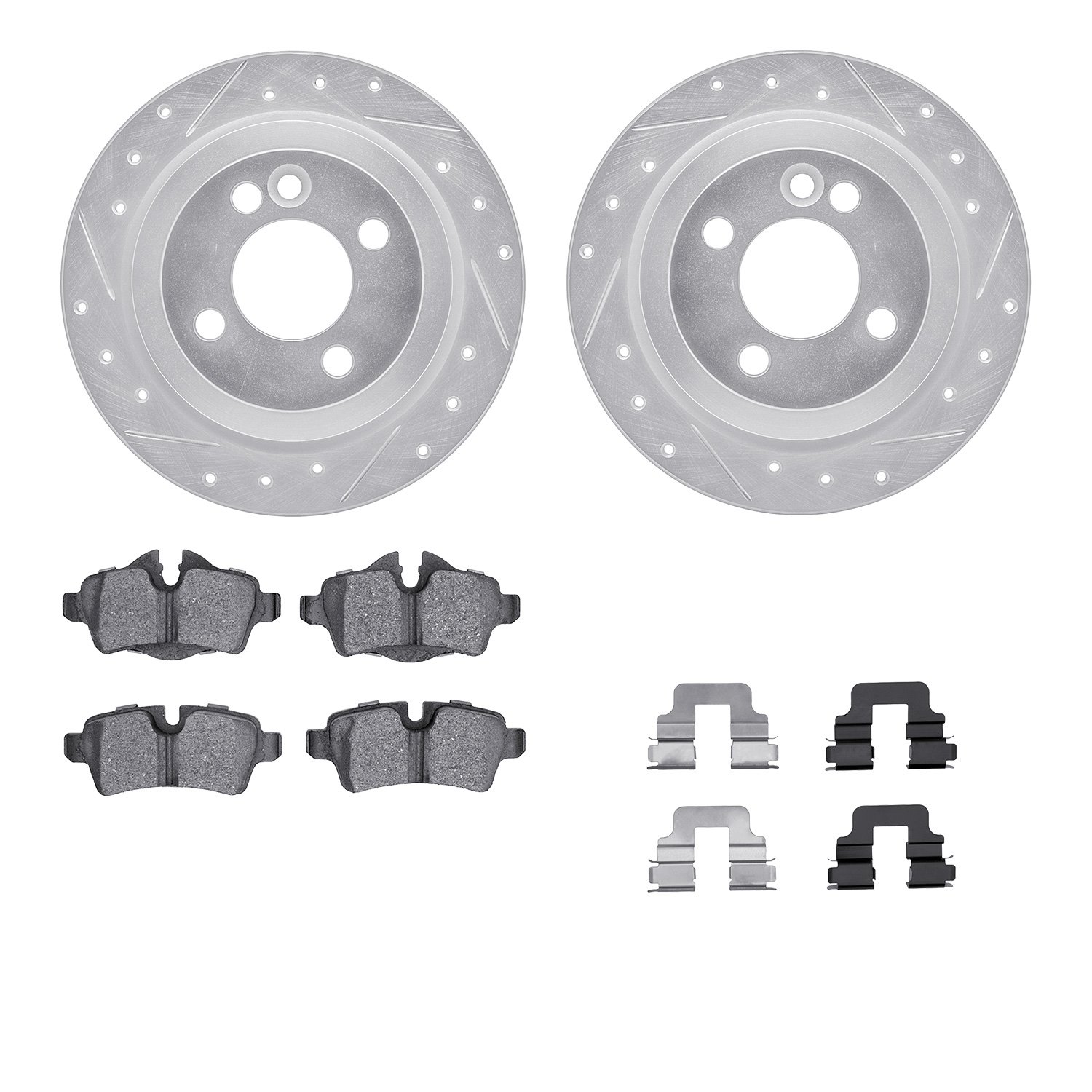 7612-32002 Drilled/Slotted Brake Rotors w/5000 Euro Ceramic Brake Pads Kit & Hardware [Silver], 2007-2015 Mini, Position: Rear