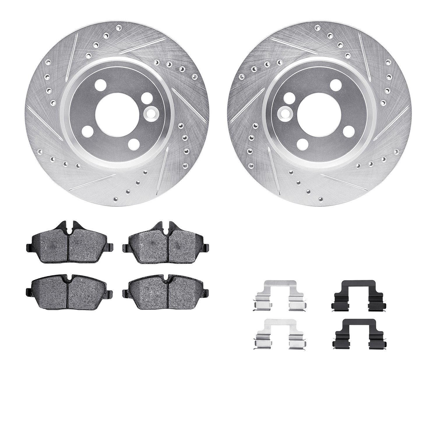 7612-32004 Drilled/Slotted Brake Rotors w/5000 Euro Ceramic Brake Pads Kit & Hardware [Silver], 2007-2015 Mini, Position: Front