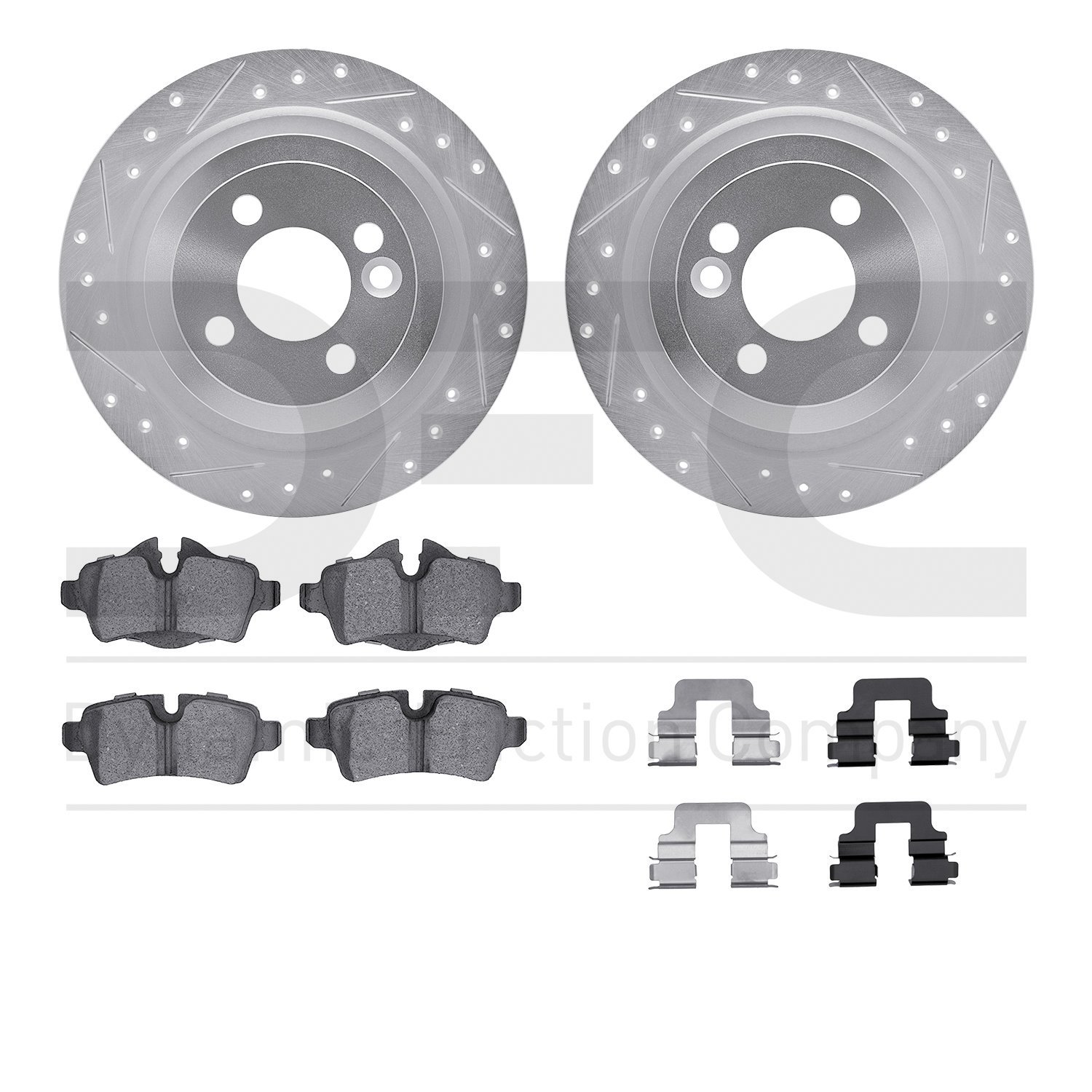 7612-32006 Drilled/Slotted Brake Rotors w/5000 Euro Ceramic Brake Pads Kit & Hardware [Silver], 2009-2014 Mini, Position: Rear