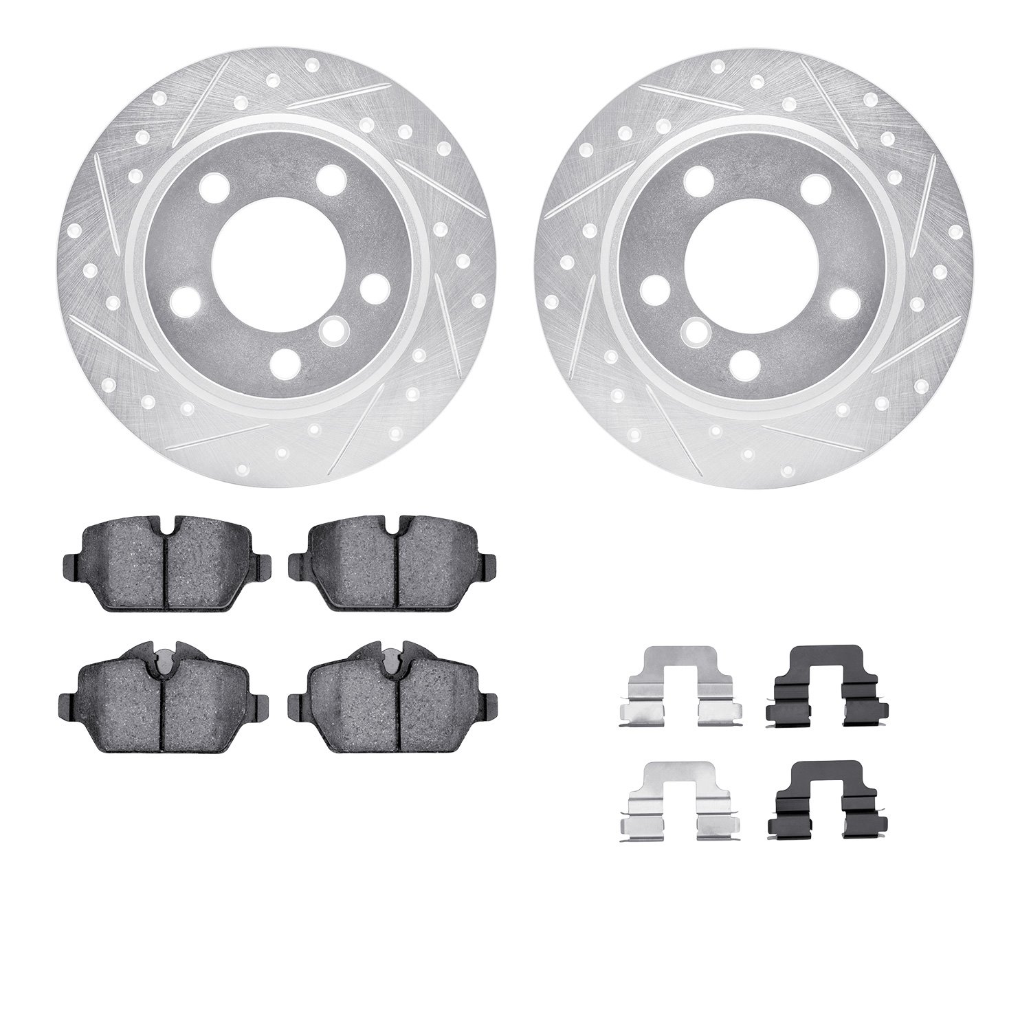 7612-32009 Drilled/Slotted Brake Rotors w/5000 Euro Ceramic Brake Pads Kit & Hardware [Silver], 2011-2016 Mini, Position: Rear