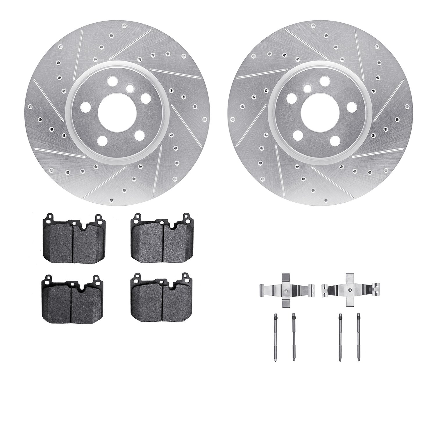 7612-32016 Drilled/Slotted Brake Rotors w/5000 Euro Ceramic Brake Pads Kit & Hardware [Silver], 2015-2019 Mini, Position: Front