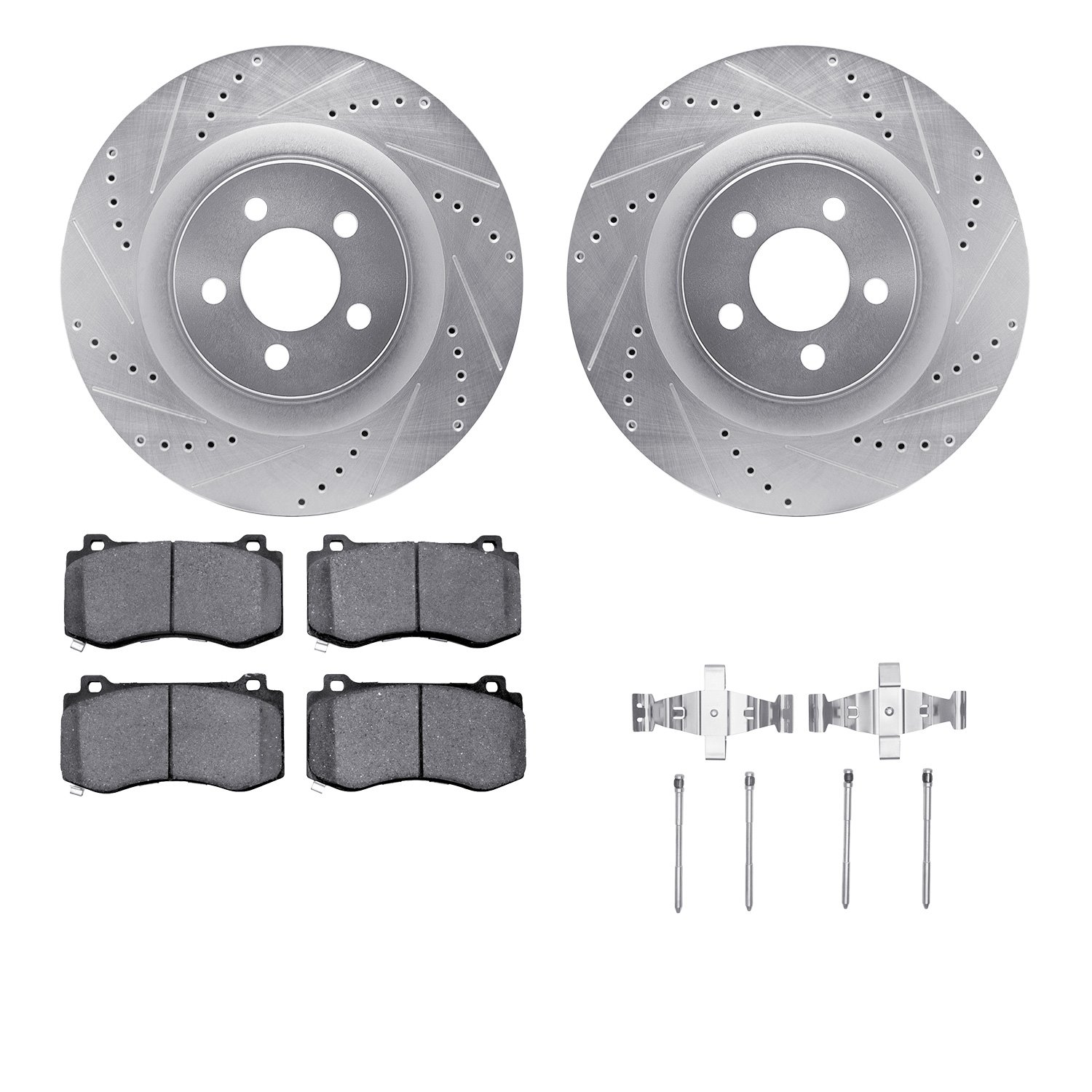 7612-39000 Drilled/Slotted Brake Rotors w/5000 Euro Ceramic Brake Pads Kit & Hardware [Silver], Fits Select Mopar, Position: Fro