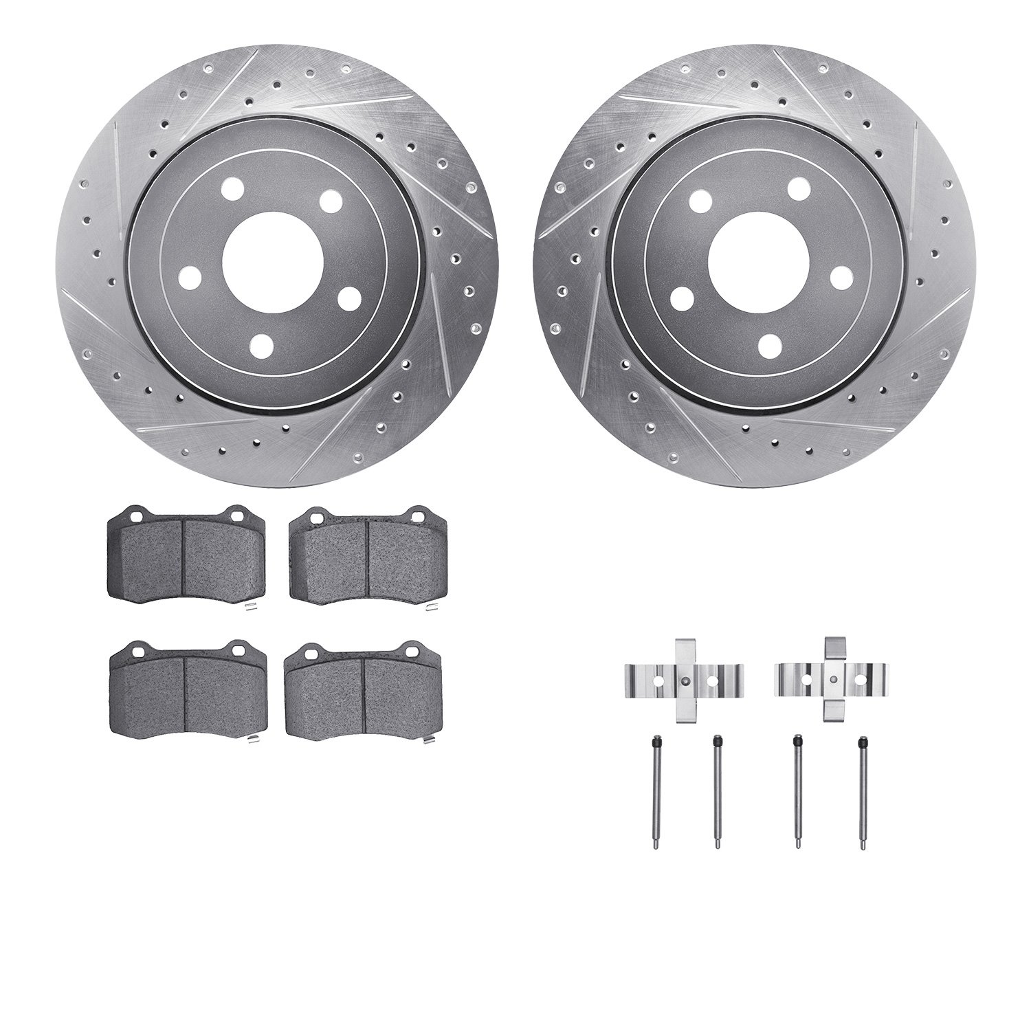 7612-42001 Drilled/Slotted Brake Rotors w/5000 Euro Ceramic Brake Pads Kit & Hardware [Silver], 2006-2010 Mopar, Position: Rear