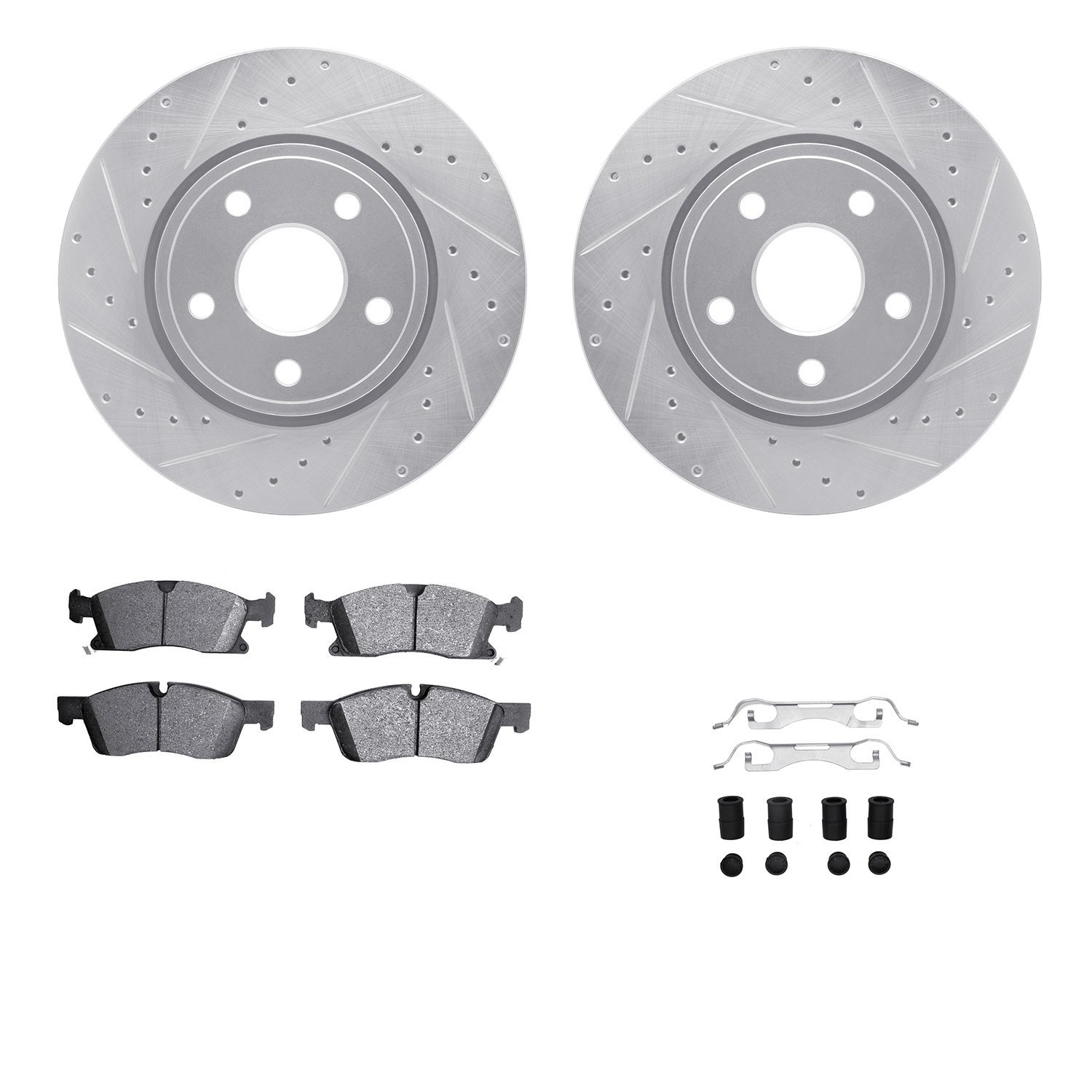 7612-42002 Drilled/Slotted Brake Rotors w/5000 Euro Ceramic Brake Pads Kit & Hardware [Silver], Fits Select Mopar, Position: Fro