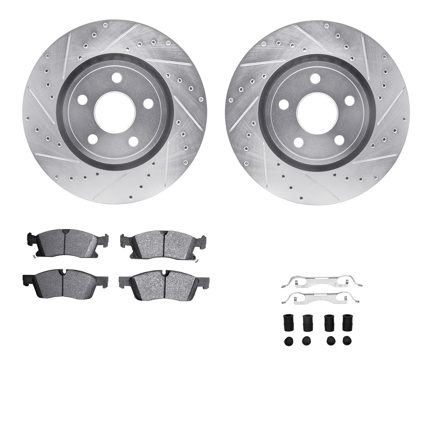 7612-42004 Drilled/Slotted Brake Rotors w/5000 Euro Ceramic Brake Pads Kit & Hardware [Silver], Fits Select Mopar, Position: Fro