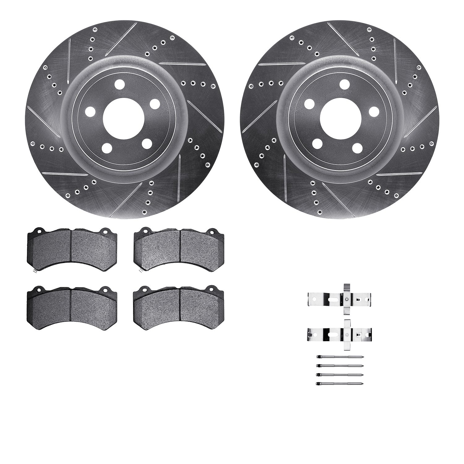 7612-42007 Drilled/Slotted Brake Rotors w/5000 Euro Ceramic Brake Pads Kit & Hardware [Silver], Fits Select Mopar, Position: Fro