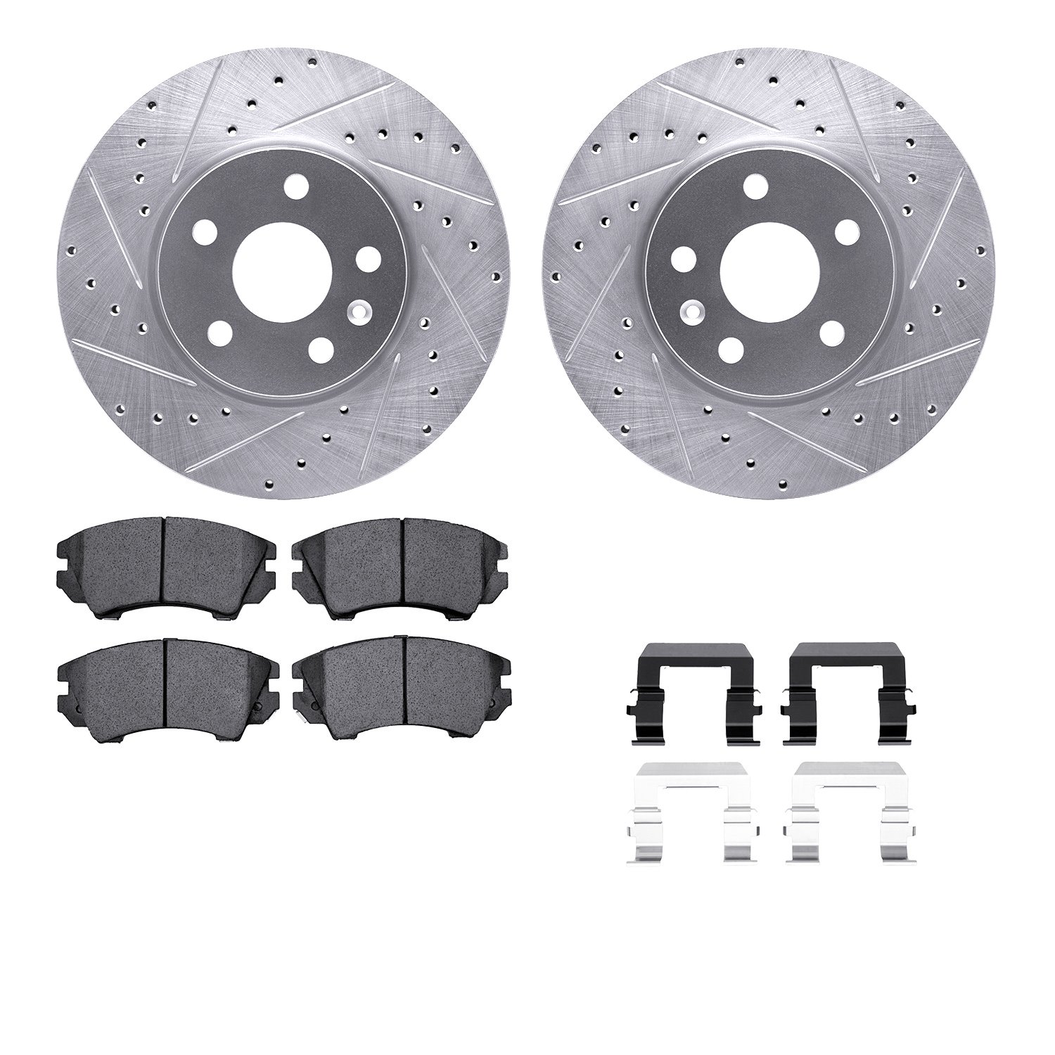 7612-45005 Drilled/Slotted Brake Rotors w/5000 Euro Ceramic Brake Pads Kit & Hardware [Silver], 2010-2015 GM, Position: Front