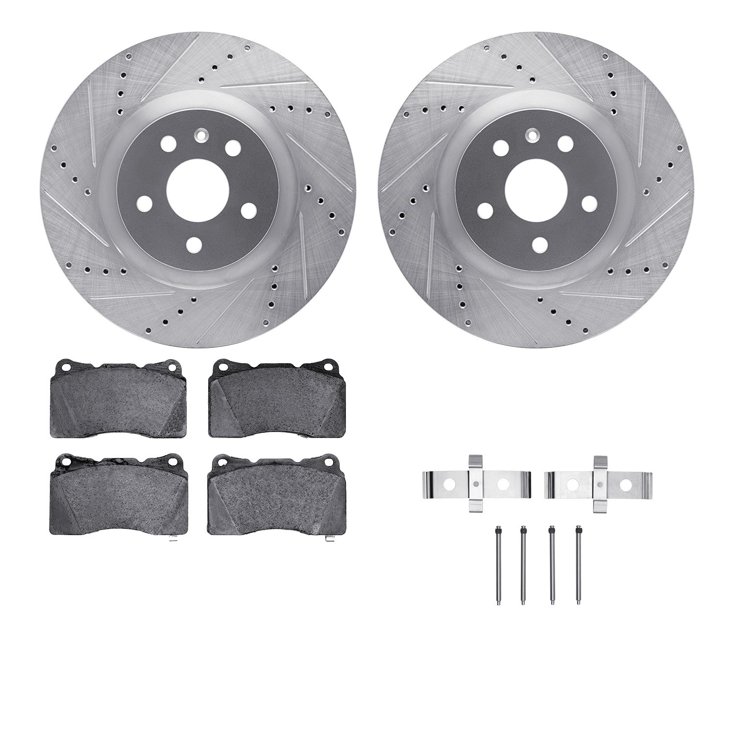 7612-45006 Drilled/Slotted Brake Rotors w/5000 Euro Ceramic Brake Pads Kit & Hardware [Silver], 2009-2013 GM, Position: Front