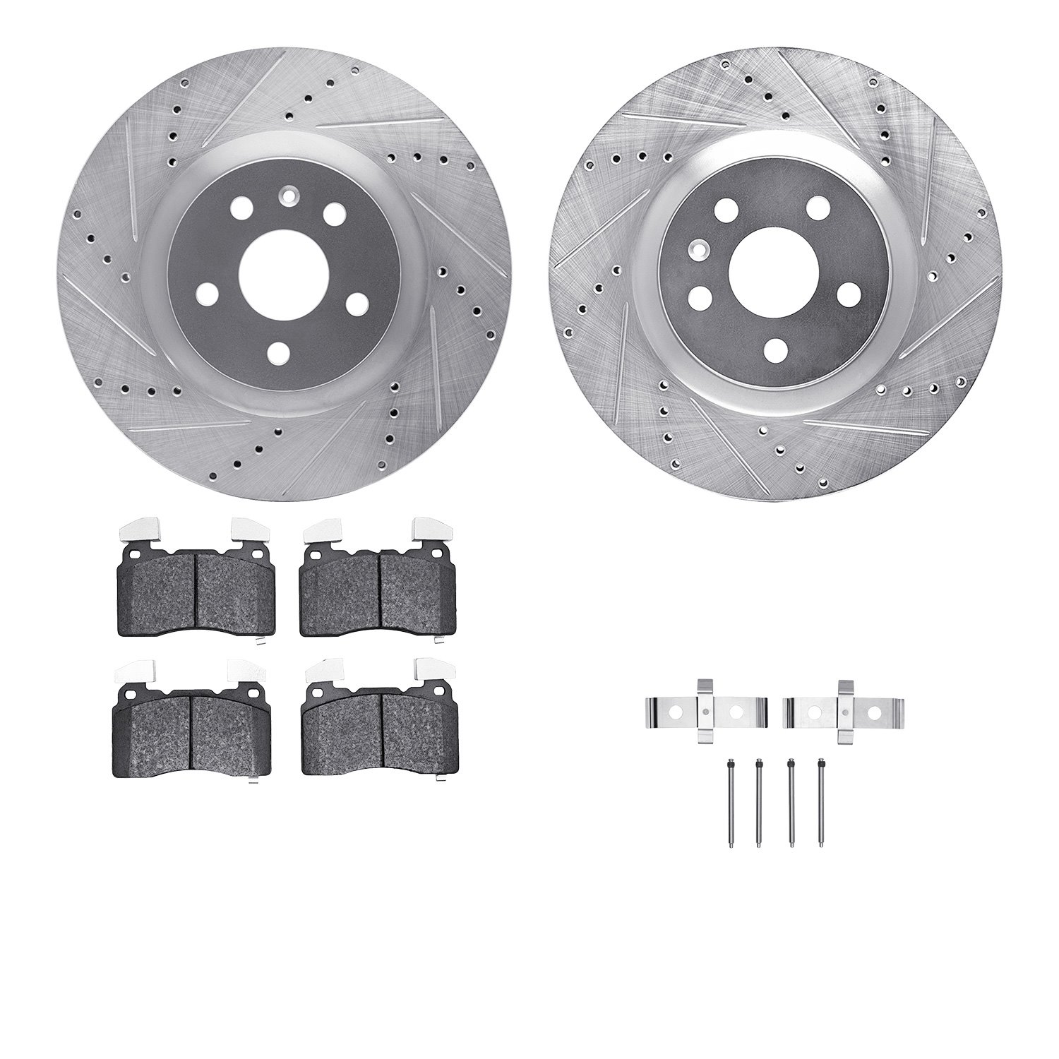7612-45008 Drilled/Slotted Brake Rotors w/5000 Euro Ceramic Brake Pads Kit & Hardware [Silver], 2014-2017 GM, Position: Front