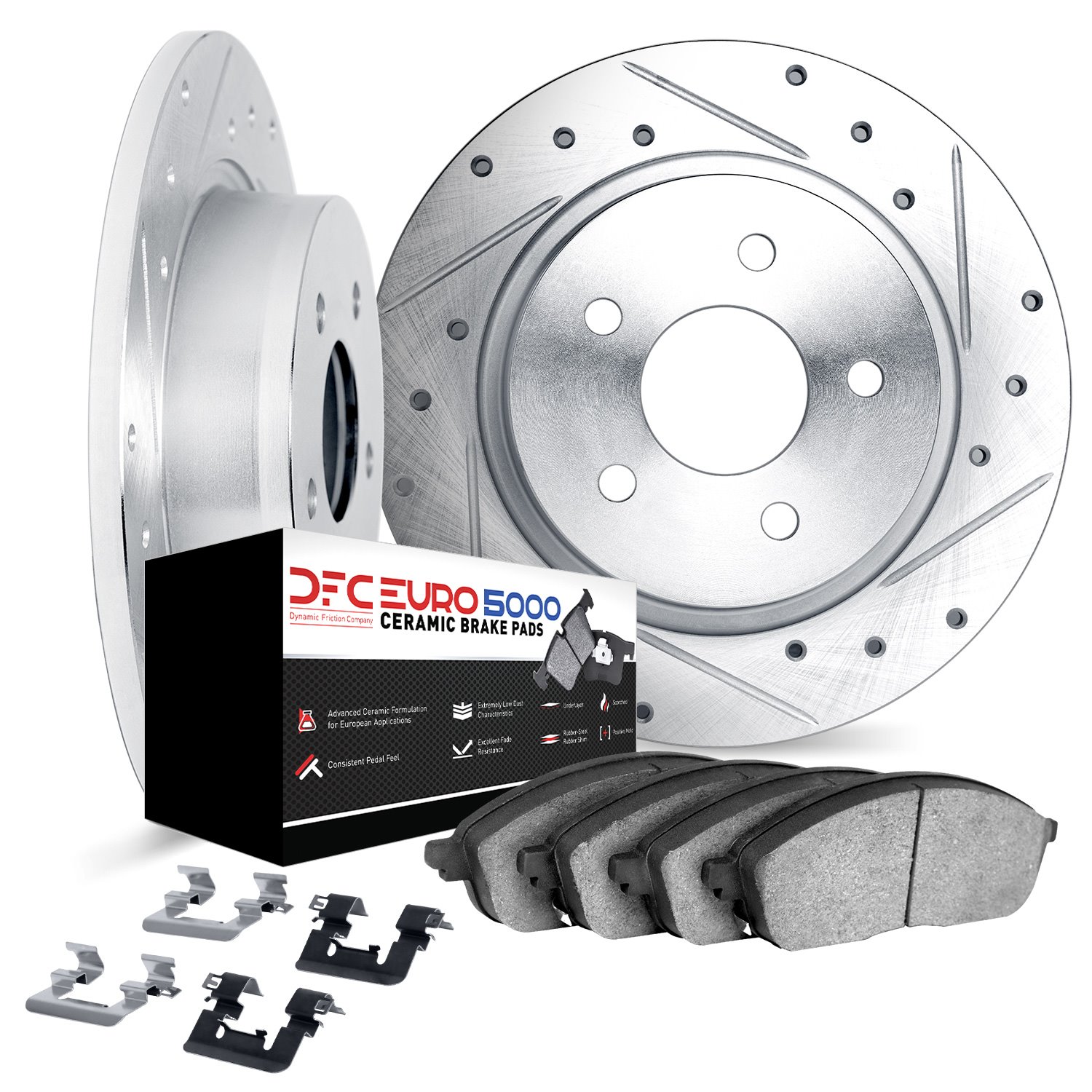 7612-46000 Drilled/Slotted Brake Rotors w/5000 Euro Ceramic Brake Pads Kit & Hardware [Silver], 1997-2001 GM, Position: Rear