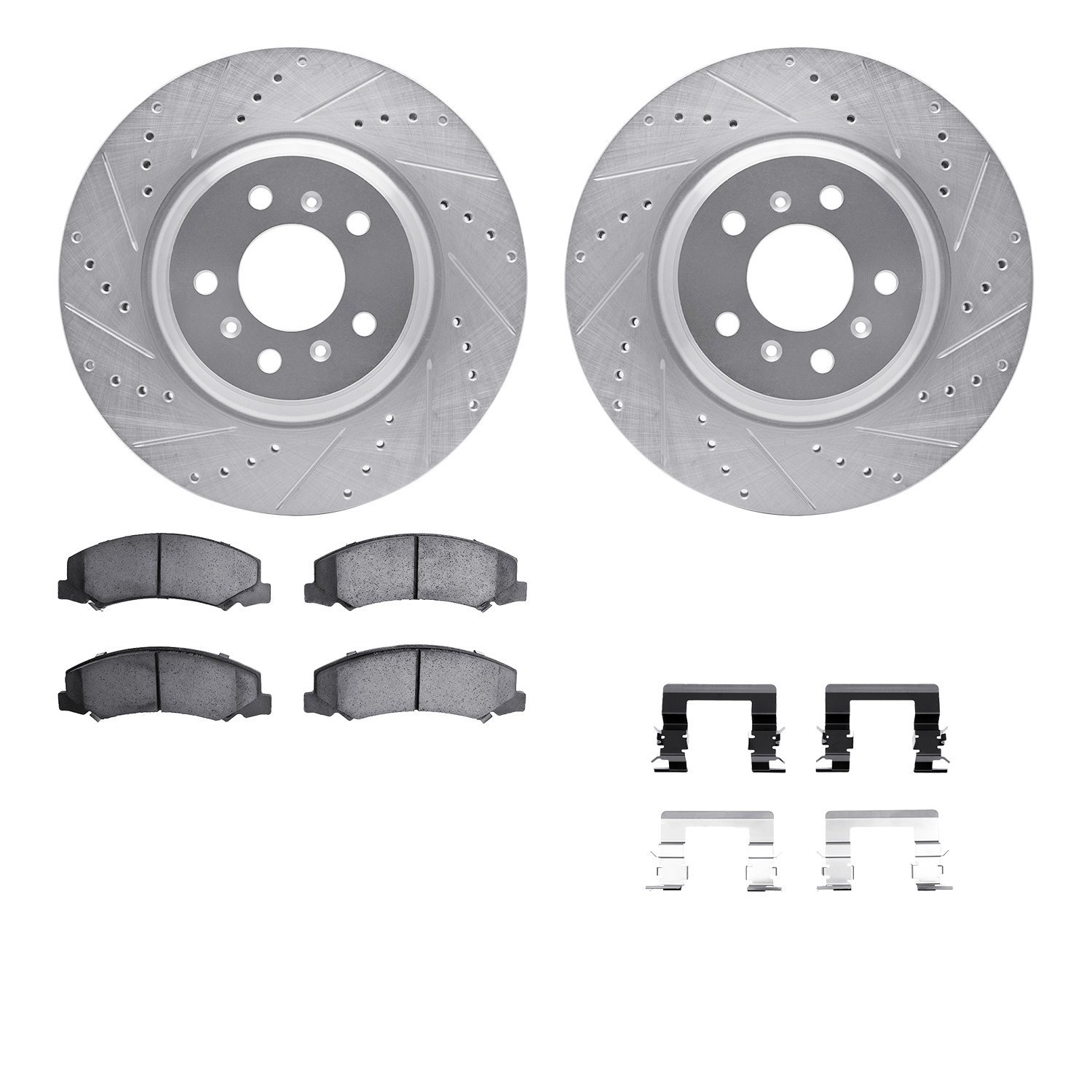 7612-46010 Drilled/Slotted Brake Rotors w/5000 Euro Ceramic Brake Pads Kit & Hardware [Silver], 2006-2016 GM, Position: Front