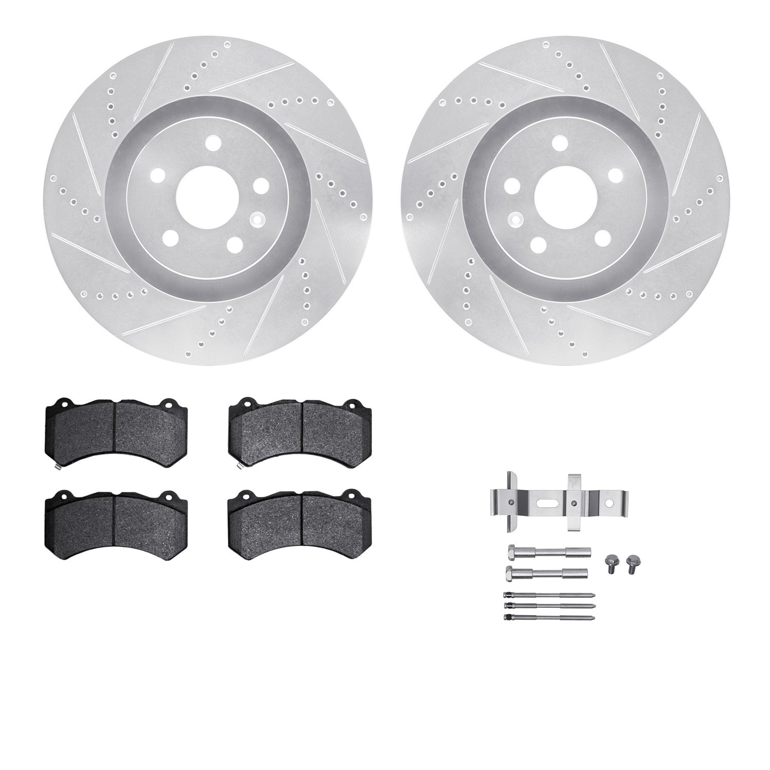 7612-46014 Drilled/Slotted Brake Rotors w/5000 Euro Ceramic Brake Pads Kit & Hardware [Silver], 2009-2015 GM, Position: Front