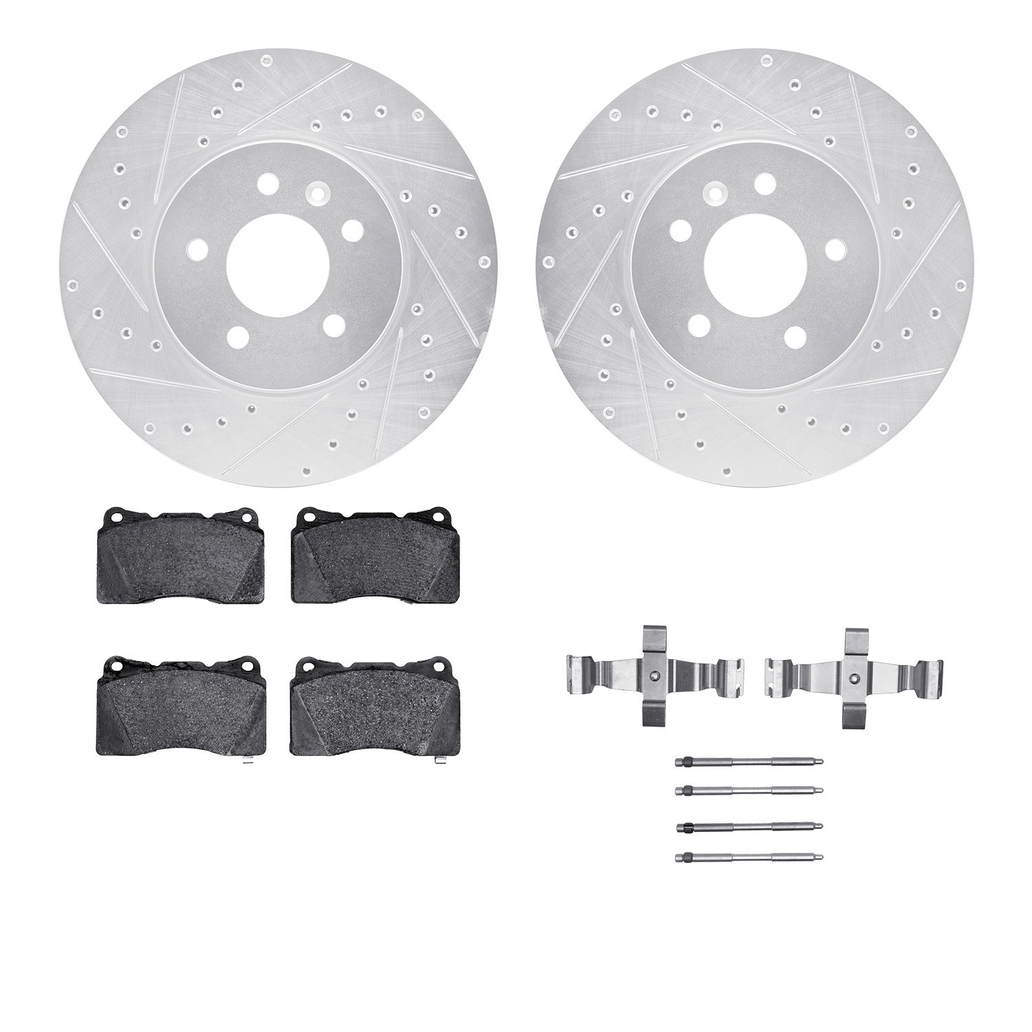 7612-46017 Drilled/Slotted Brake Rotors w/5000 Euro Ceramic Brake Pads Kit & Hardware [Silver], 2013-2019 GM, Position: Front