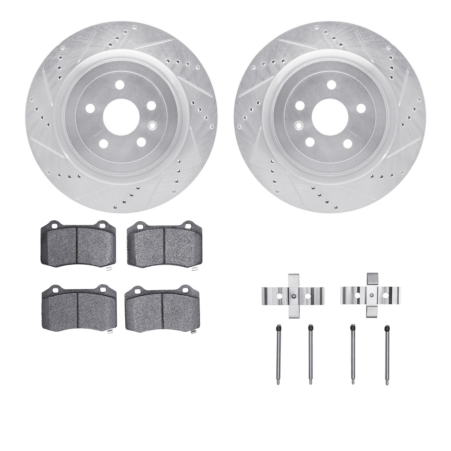 7612-47007 Drilled/Slotted Brake Rotors w/5000 Euro Ceramic Brake Pads Kit & Hardware [Silver], Fits Select GM, Position: Rear