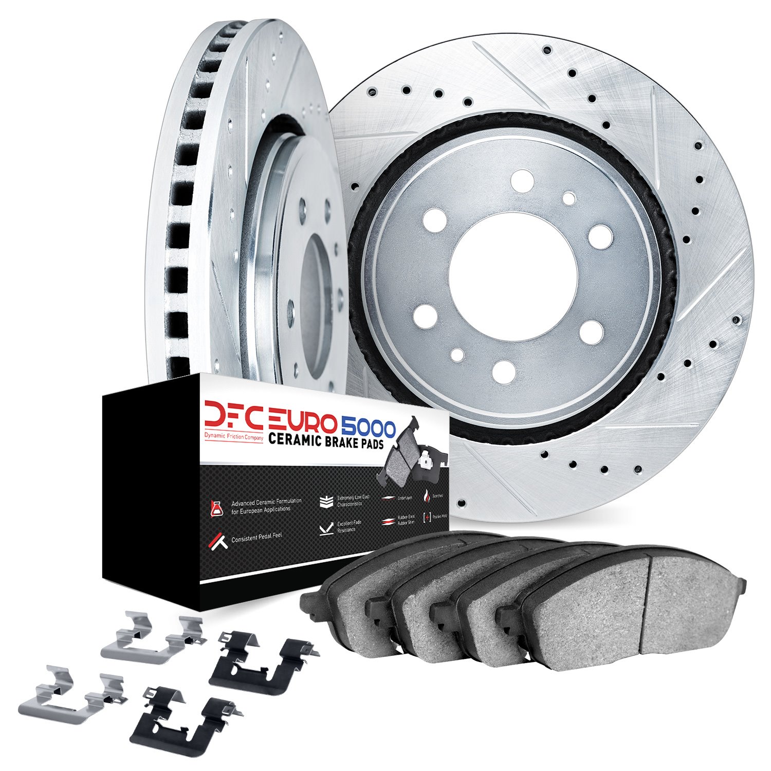7612-47014 Drilled/Slotted Brake Rotors w/5000 Euro Ceramic Brake Pads Kit & Hardware [Silver], 2015-2020 GM, Position: Front
