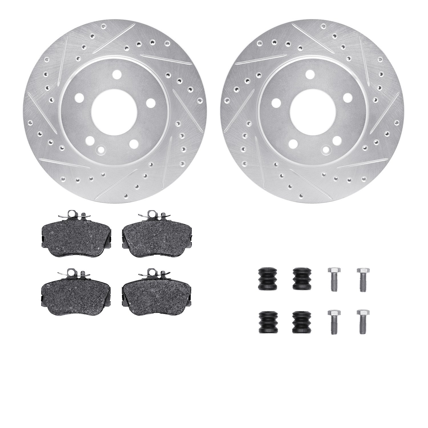 7612-63000 Drilled/Slotted Brake Rotors w/5000 Euro Ceramic Brake Pads Kit & Hardware [Silver], 1994-1997 Mercedes-Benz, Positio