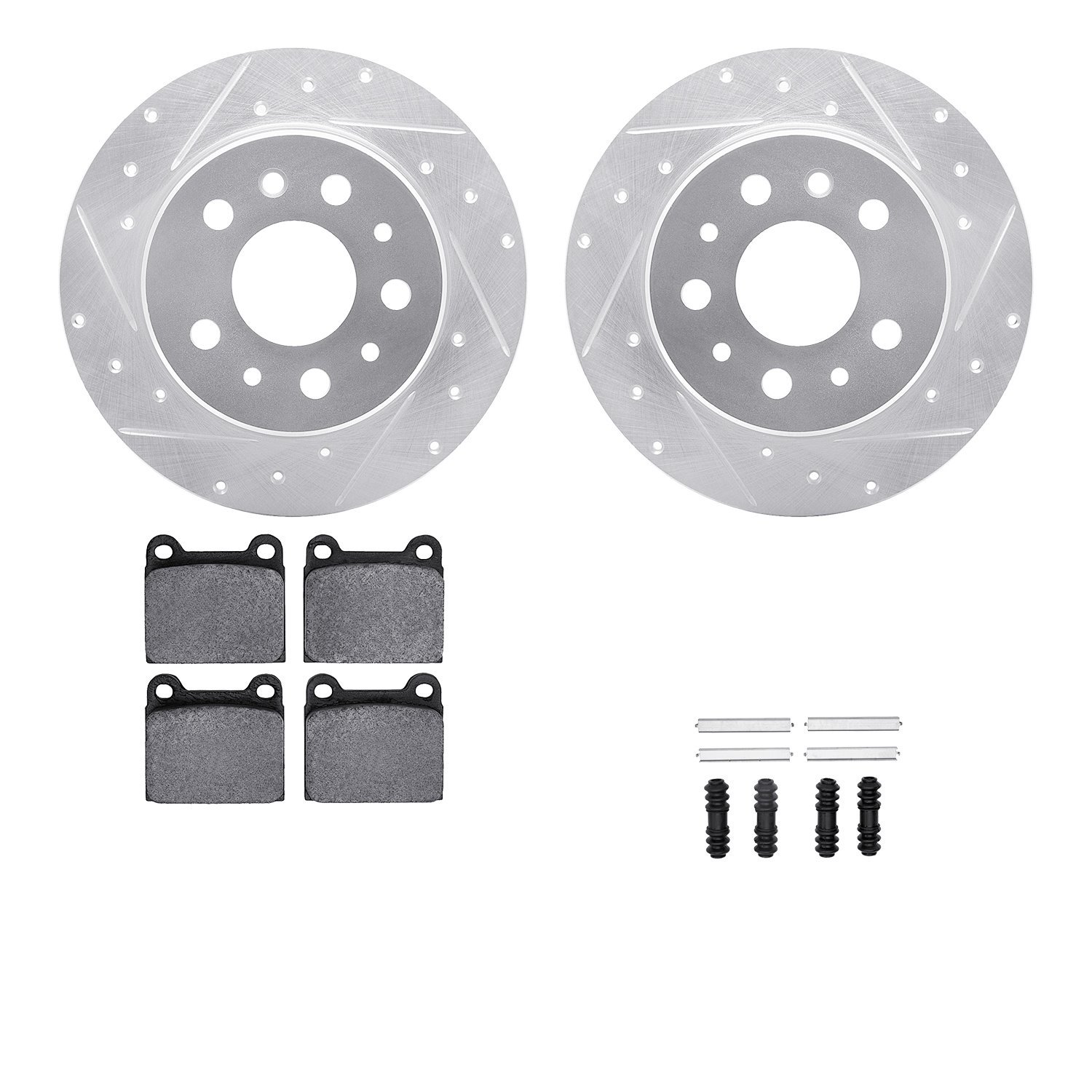 7612-63006 Drilled/Slotted Brake Rotors w/5000 Euro Ceramic Brake Pads Kit & Hardware [Silver], 1967-1991 Mercedes-Benz, Positio