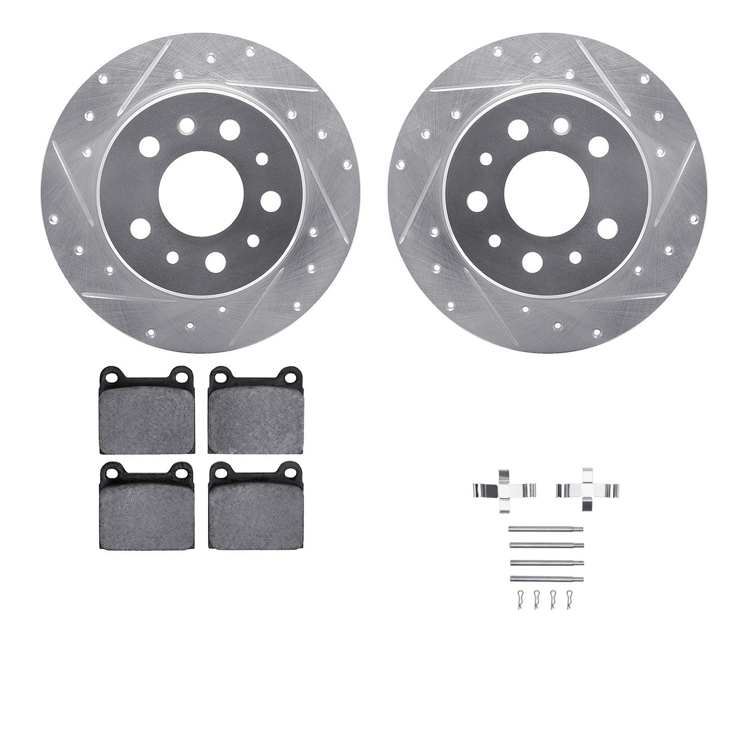 7612-63007 Drilled/Slotted Brake Rotors w/5000 Euro Ceramic Brake Pads Kit & Hardware [Silver], 1967-1991 Mercedes-Benz, Positio