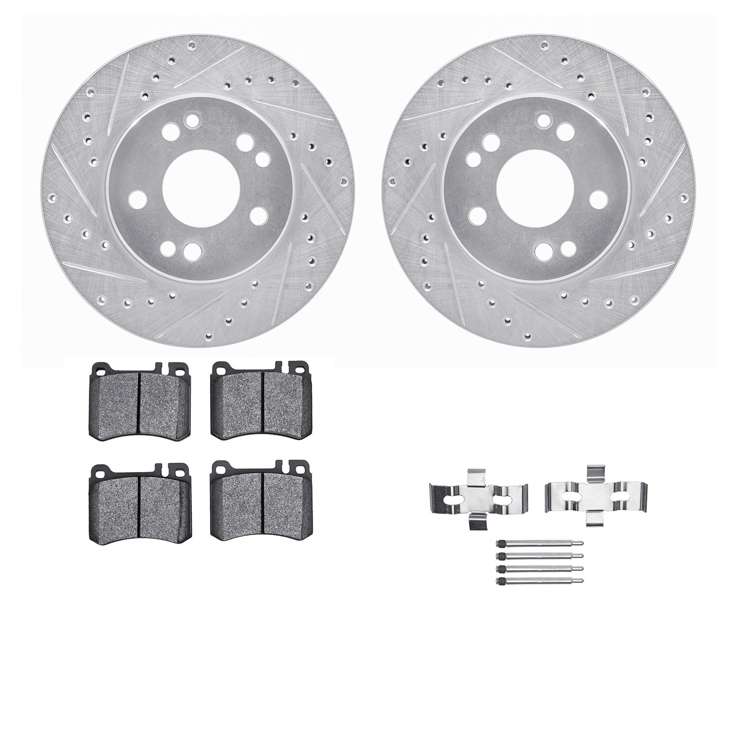 7612-63035 Drilled/Slotted Brake Rotors w/5000 Euro Ceramic Brake Pads Kit & Hardware [Silver], 1986-1989 Mercedes-Benz, Positio