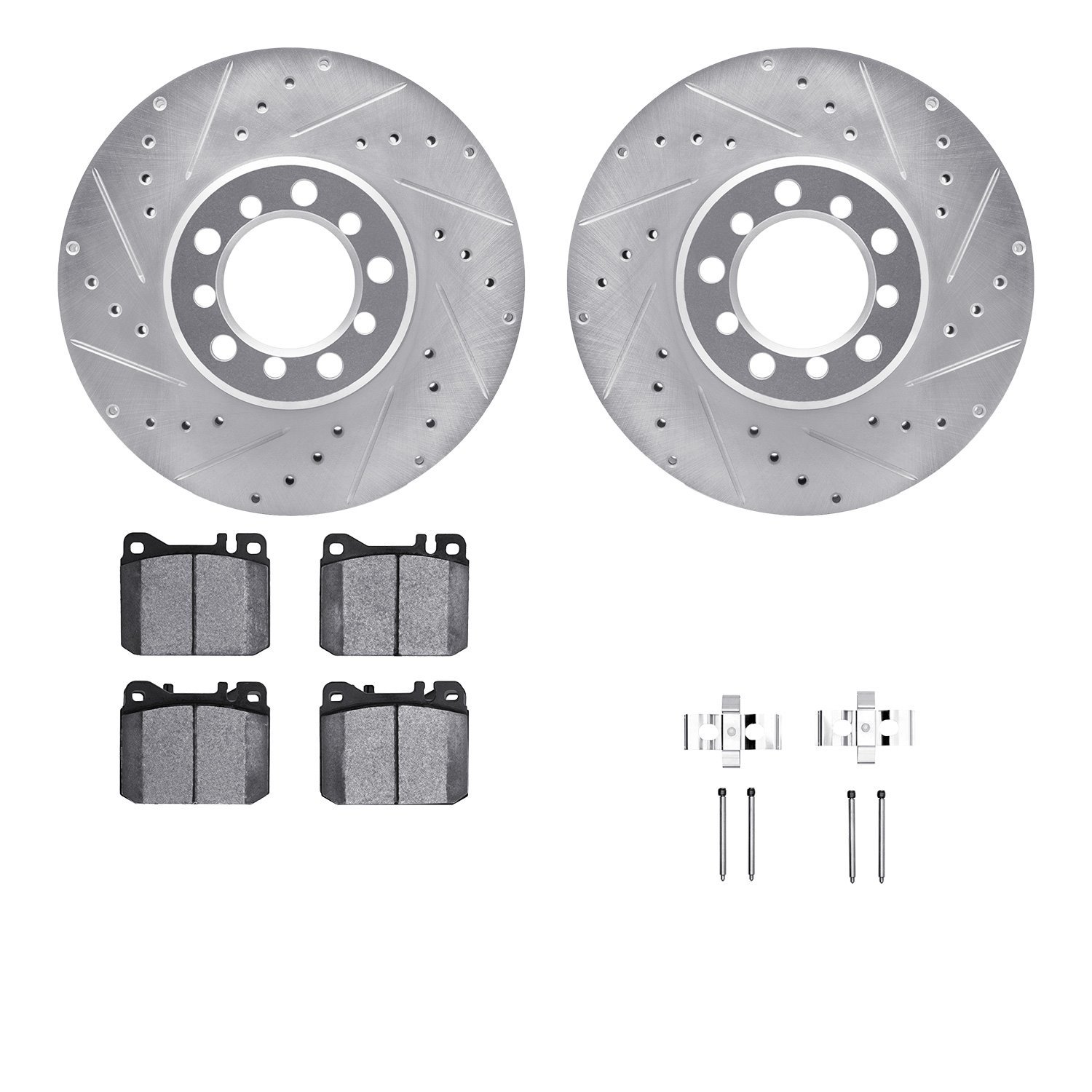 7612-63036 Drilled/Slotted Brake Rotors w/5000 Euro Ceramic Brake Pads Kit & Hardware [Silver], 1985-1991 Mercedes-Benz, Positio