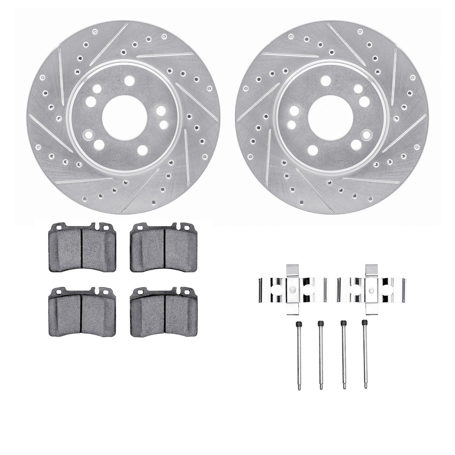 7612-63038 Drilled/Slotted Brake Rotors w/5000 Euro Ceramic Brake Pads Kit & Hardware [Silver], 1990-1998 Mercedes-Benz, Positio