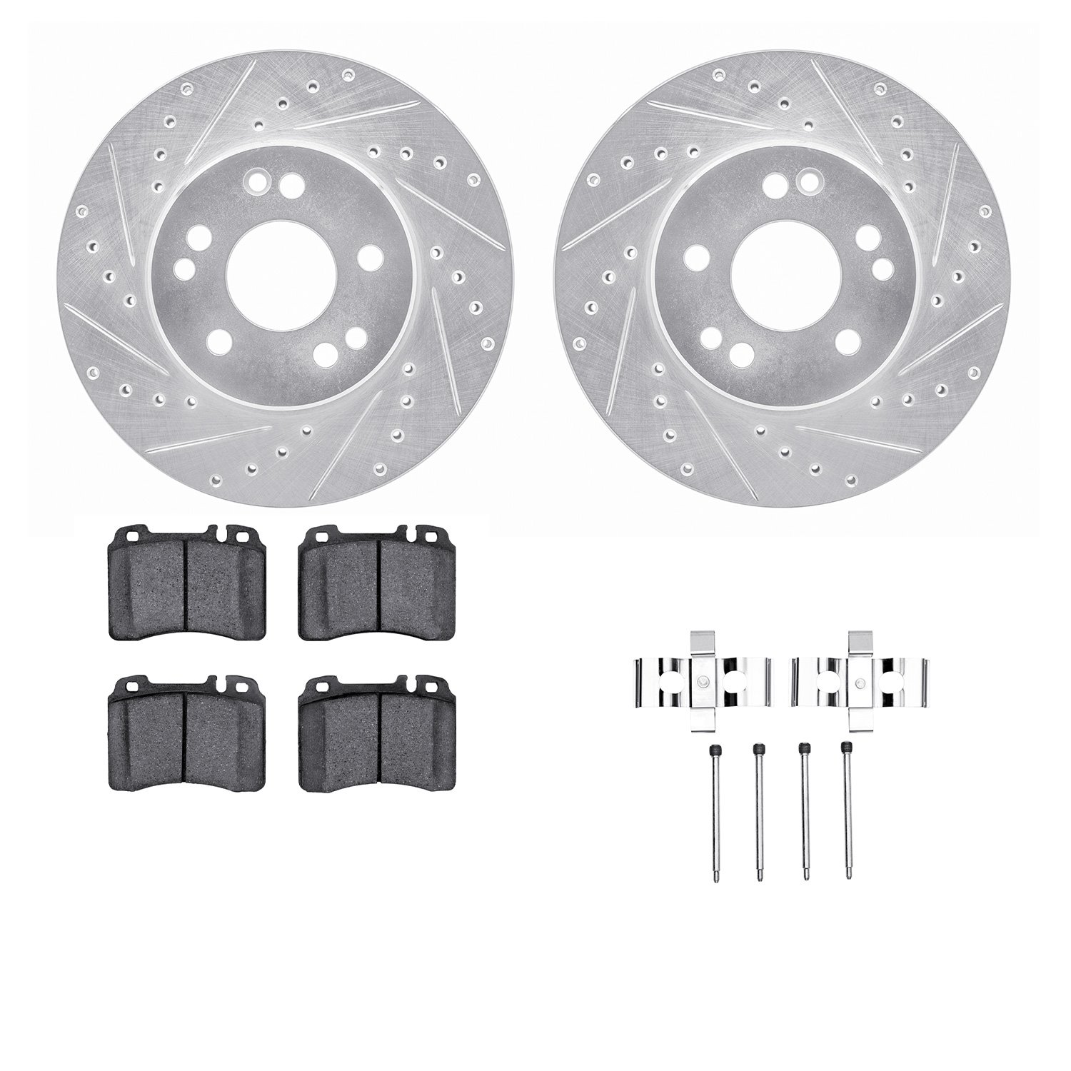 7612-63039 Drilled/Slotted Brake Rotors w/5000 Euro Ceramic Brake Pads Kit & Hardware [Silver], 1990-1995 Mercedes-Benz, Positio