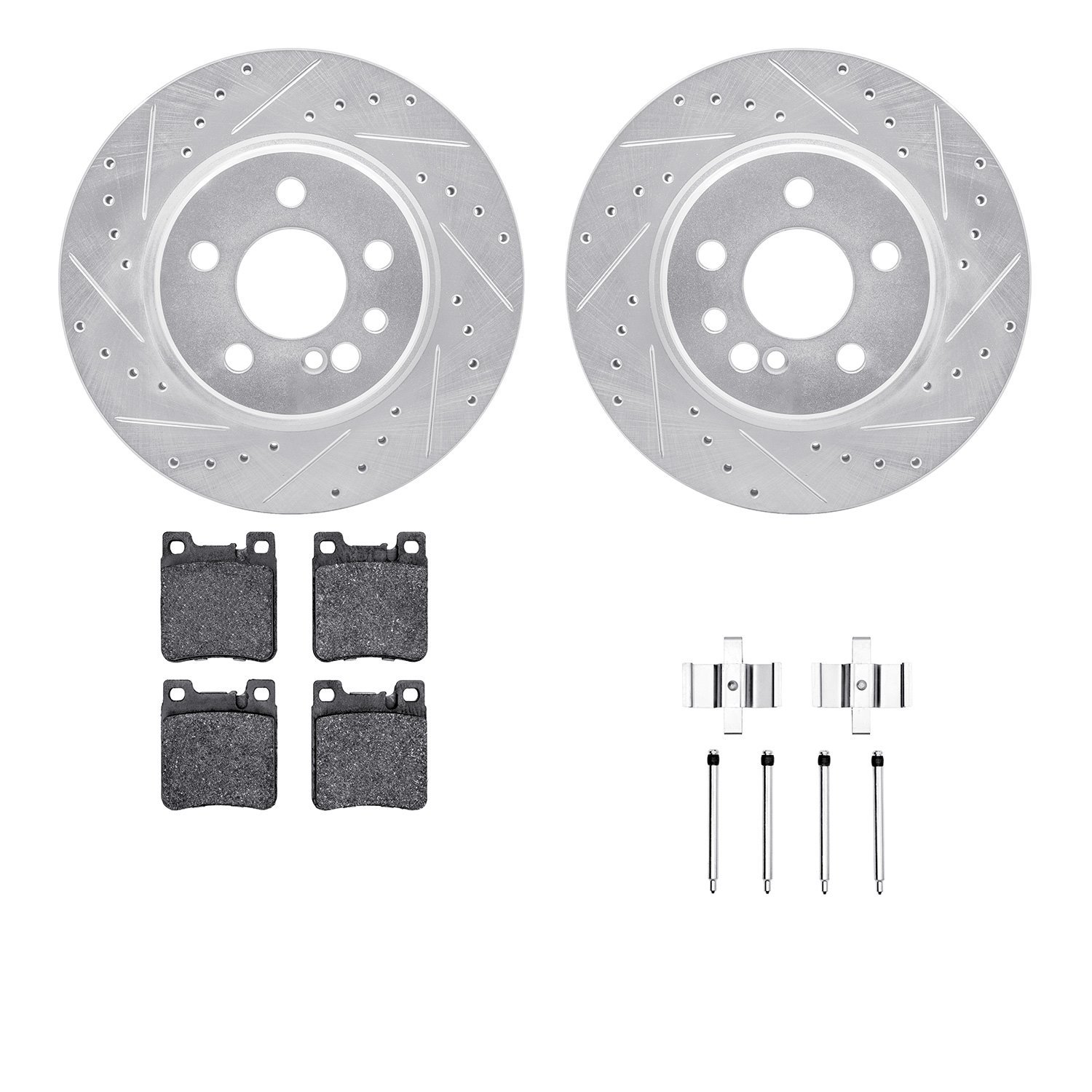7612-63041 Drilled/Slotted Brake Rotors w/5000 Euro Ceramic Brake Pads Kit & Hardware [Silver], 1992-1999 Mercedes-Benz, Positio