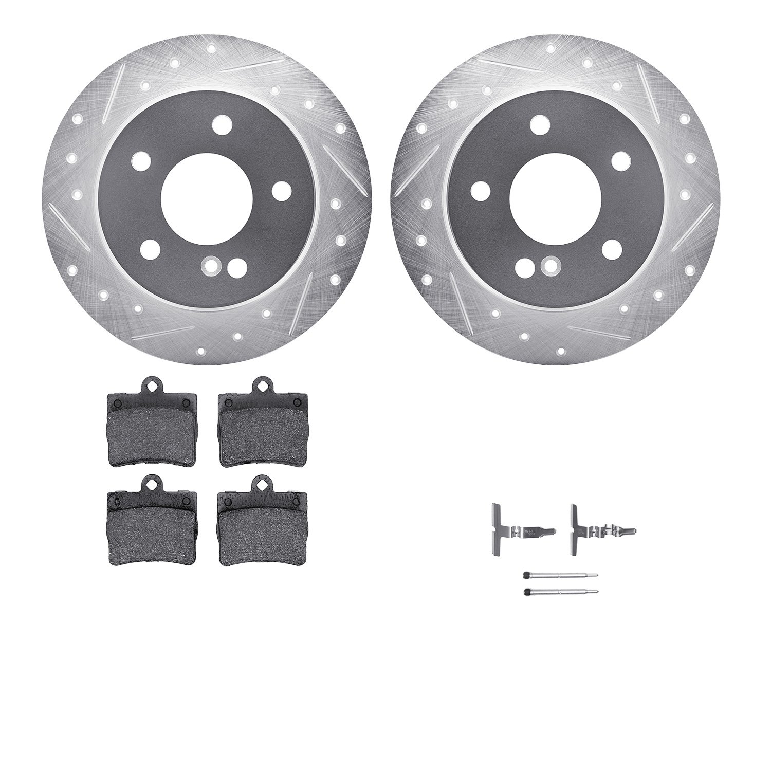 7612-63046 Drilled/Slotted Brake Rotors w/5000 Euro Ceramic Brake Pads Kit & Hardware [Silver], 1994-1998 Mercedes-Benz, Positio