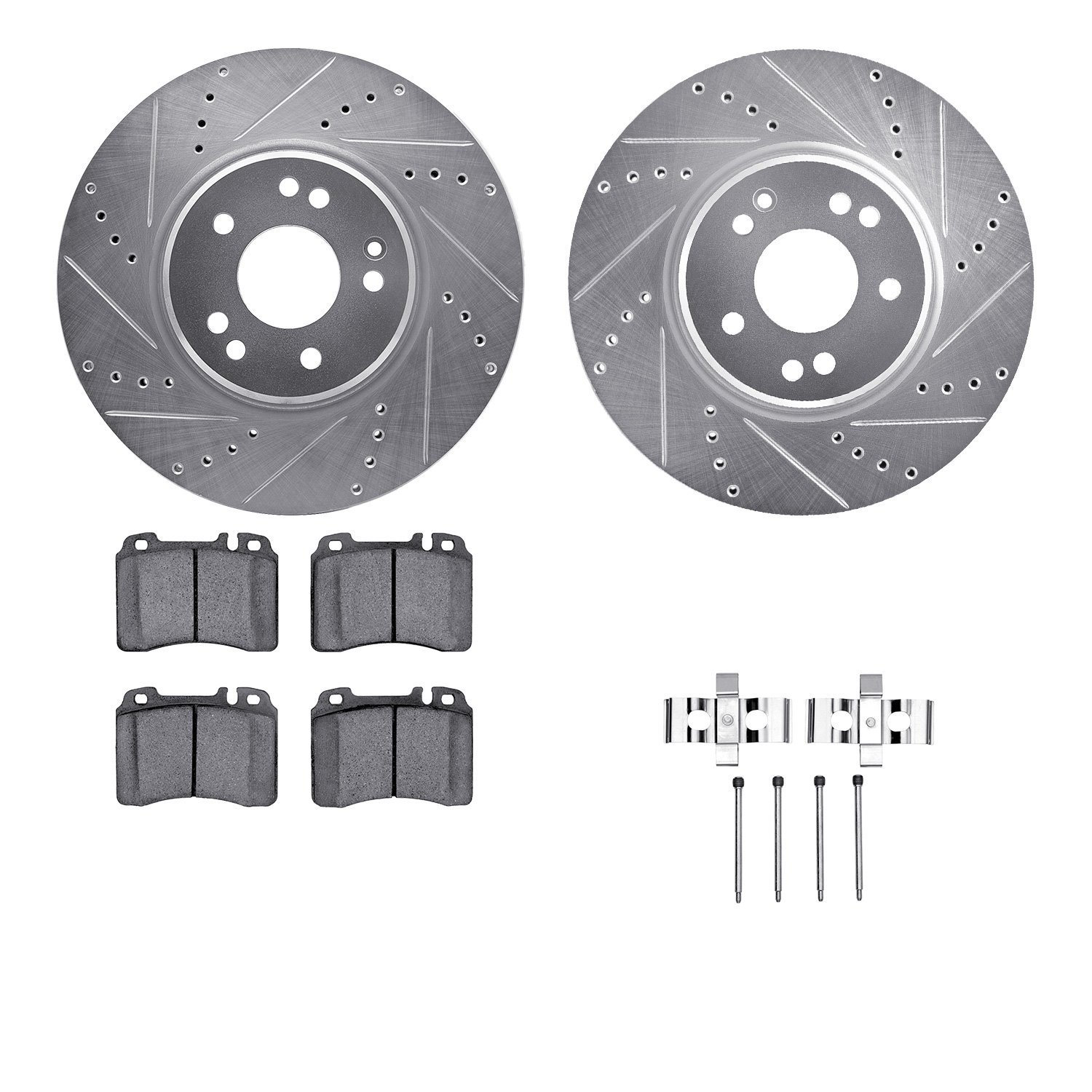 7612-63047 Drilled/Slotted Brake Rotors w/5000 Euro Ceramic Brake Pads Kit & Hardware [Silver], 1994-2002 Mercedes-Benz, Positio