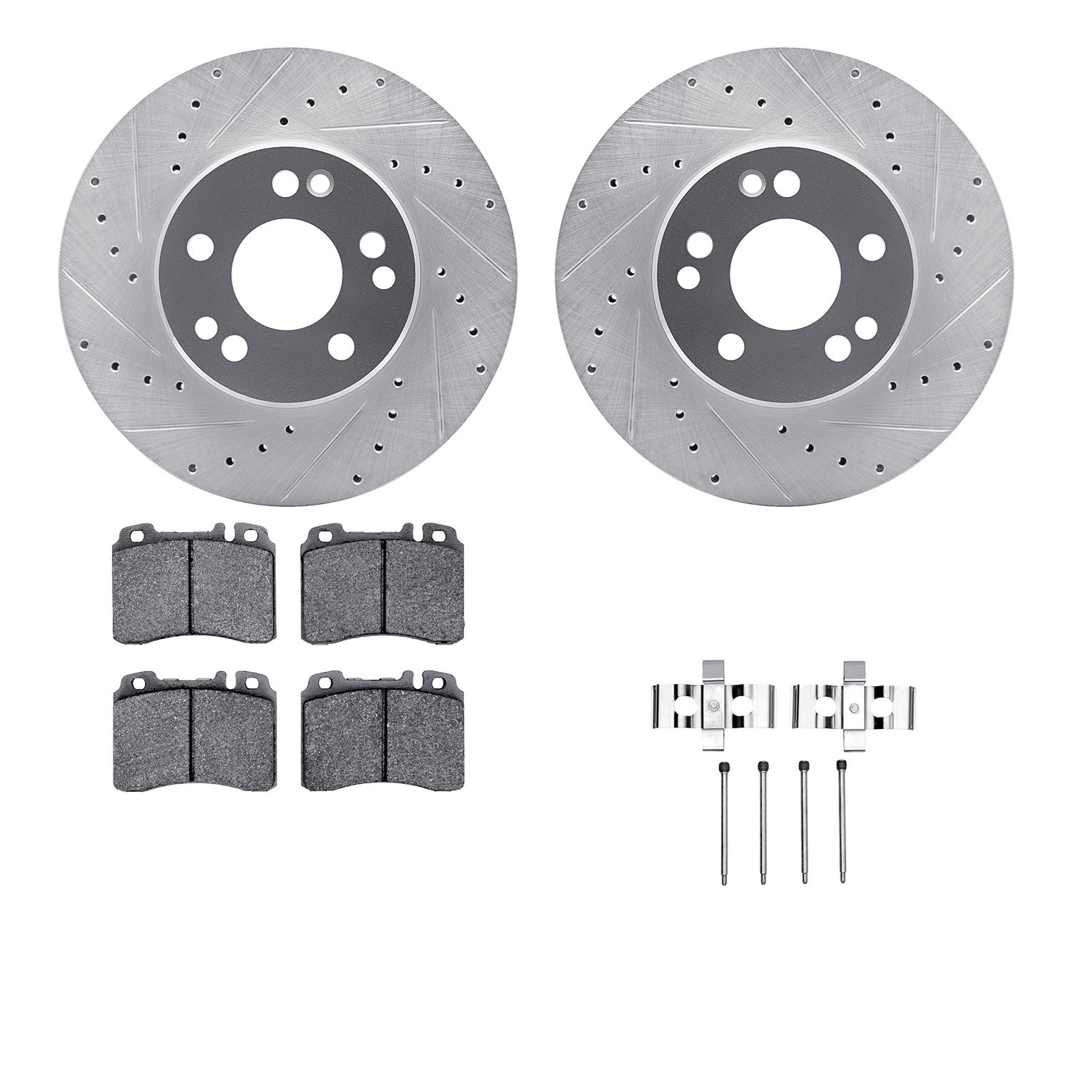 7612-63049 Drilled/Slotted Brake Rotors w/5000 Euro Ceramic Brake Pads Kit & Hardware [Silver], 1990-1995 Mercedes-Benz, Positio