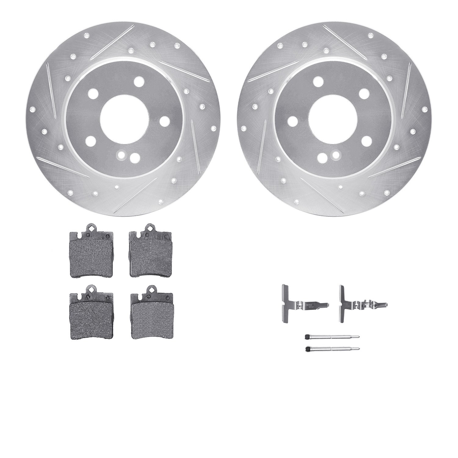 7612-63051 Drilled/Slotted Brake Rotors w/5000 Euro Ceramic Brake Pads Kit & Hardware [Silver], 1996-2011 Mercedes-Benz, Positio