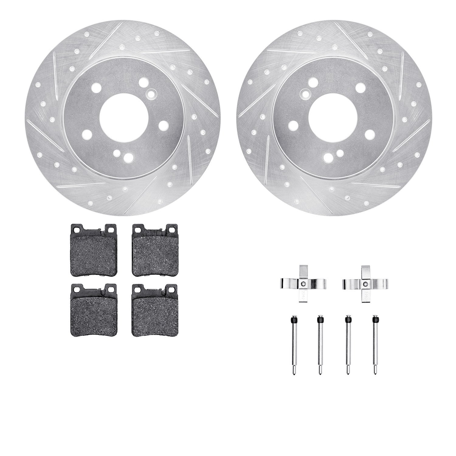 7612-63052 Drilled/Slotted Brake Rotors w/5000 Euro Ceramic Brake Pads Kit & Hardware [Silver], 1996-1998 Mercedes-Benz, Positio