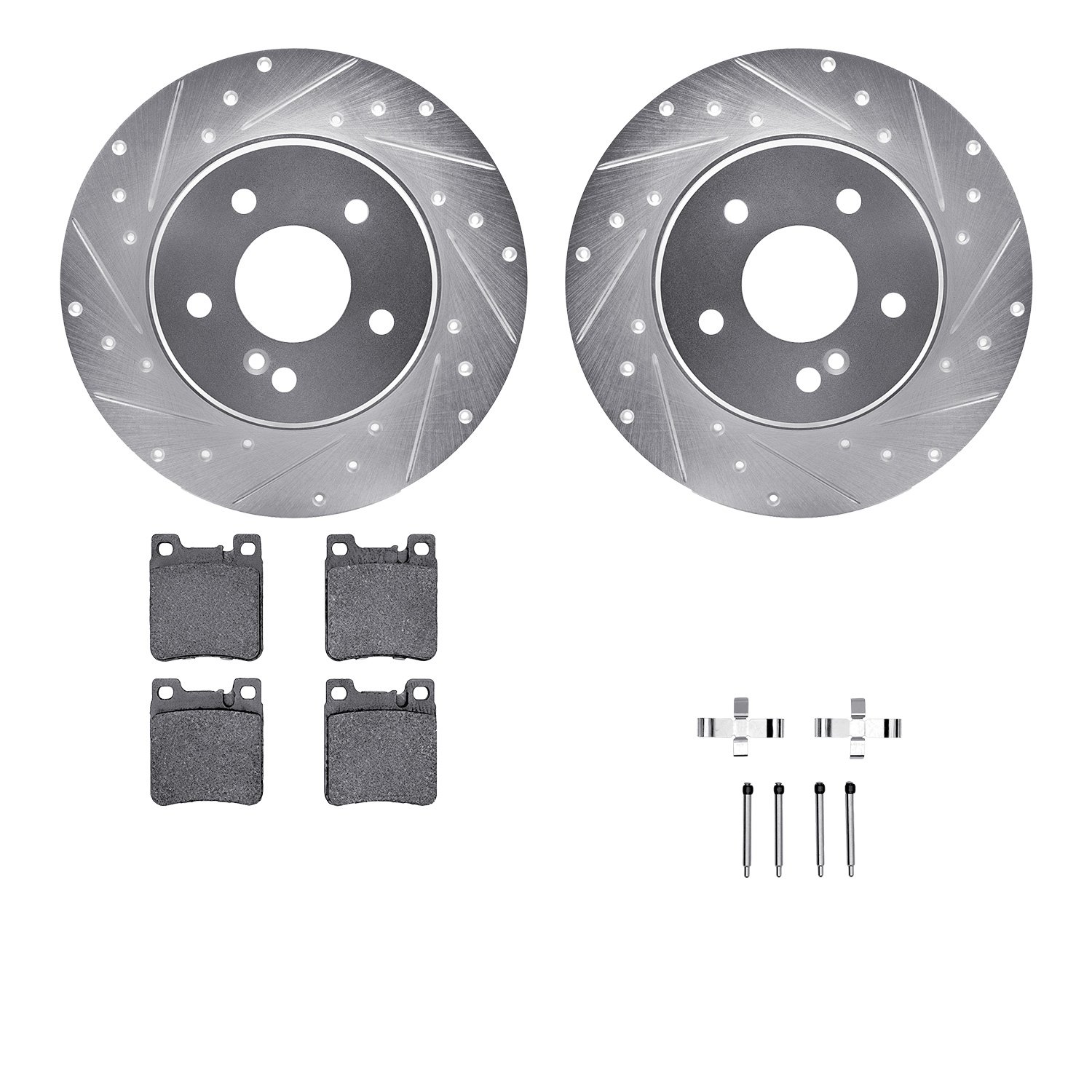 7612-63054 Drilled/Slotted Brake Rotors w/5000 Euro Ceramic Brake Pads Kit & Hardware [Silver], 1998-2003 Mercedes-Benz, Positio