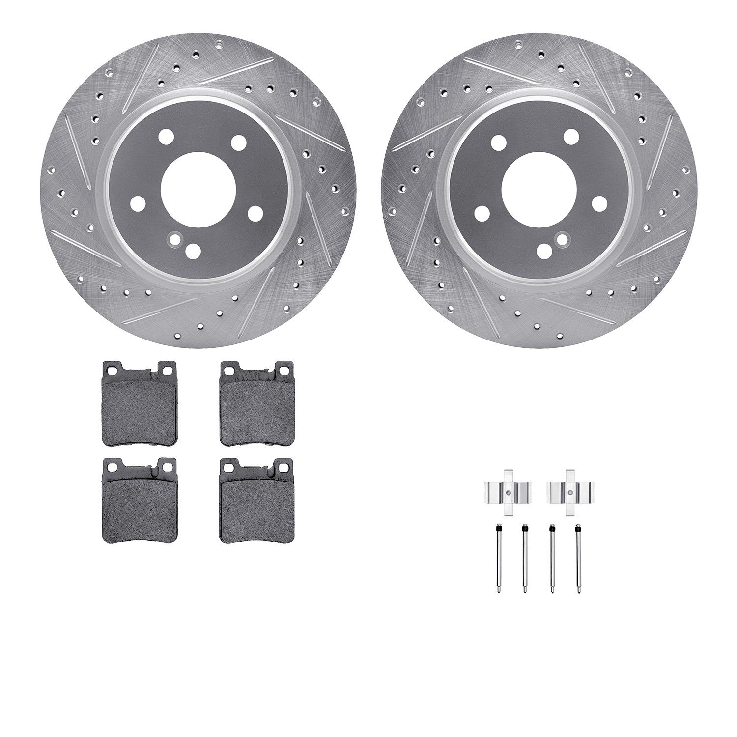 7612-63056 Drilled/Slotted Brake Rotors w/5000 Euro Ceramic Brake Pads Kit & Hardware [Silver], 1998-2009 Multiple Makes/Models,
