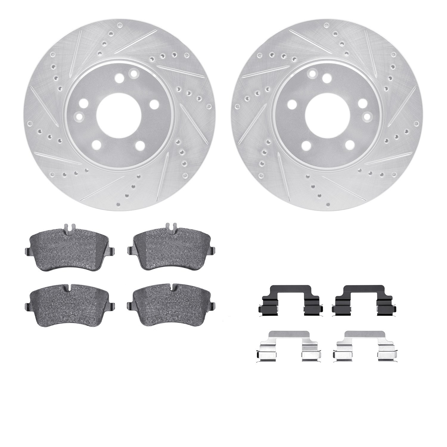 7612-63062 Drilled/Slotted Brake Rotors w/5000 Euro Ceramic Brake Pads Kit & Hardware [Silver], 2001-2011 Mercedes-Benz, Positio